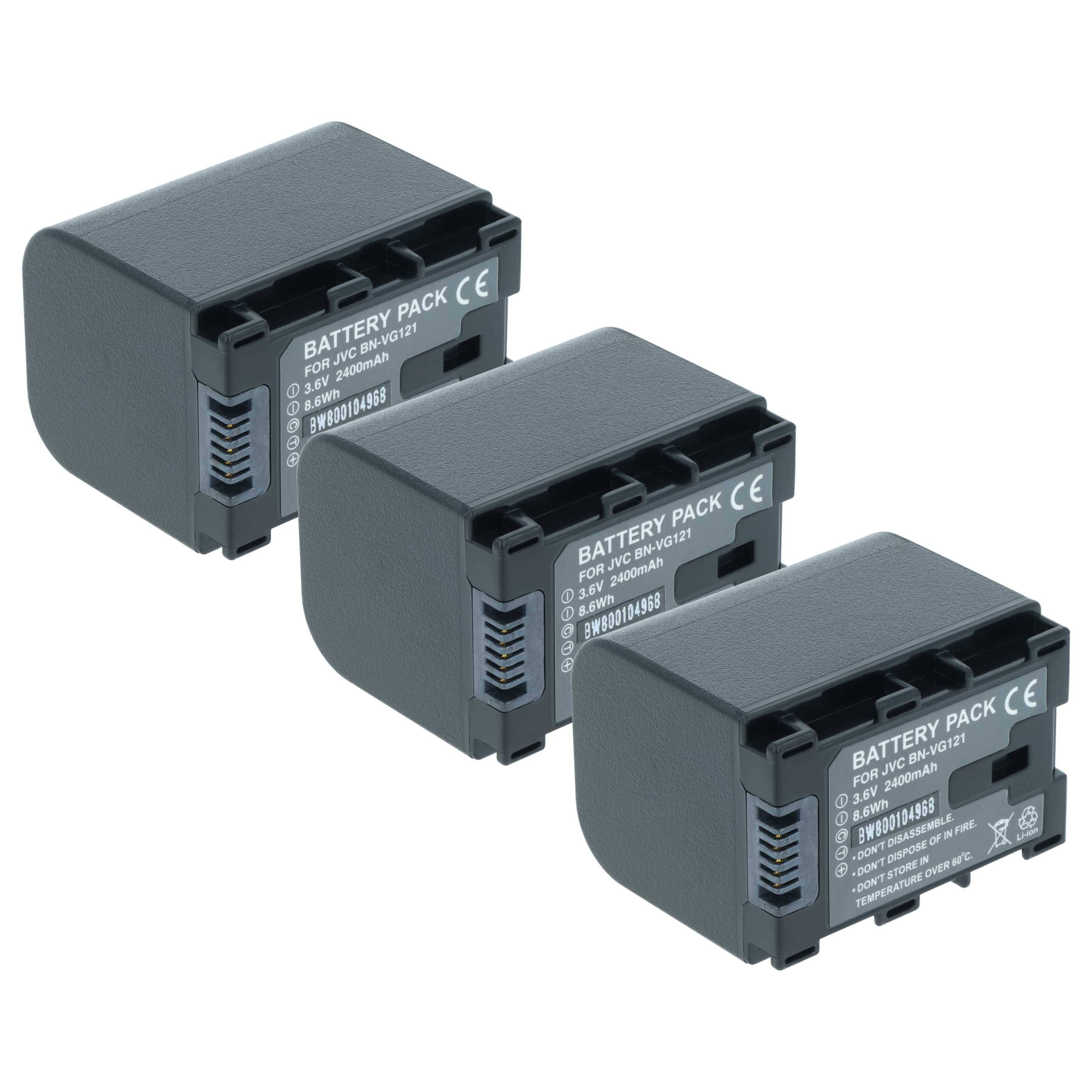 Drei schwarze Akkupacks für Sony-Kameras, mit 7,4V, 2000mAh beschriftet, in einer Reihe angeordnet, mit Modell- und Sicherheitsinformationen.