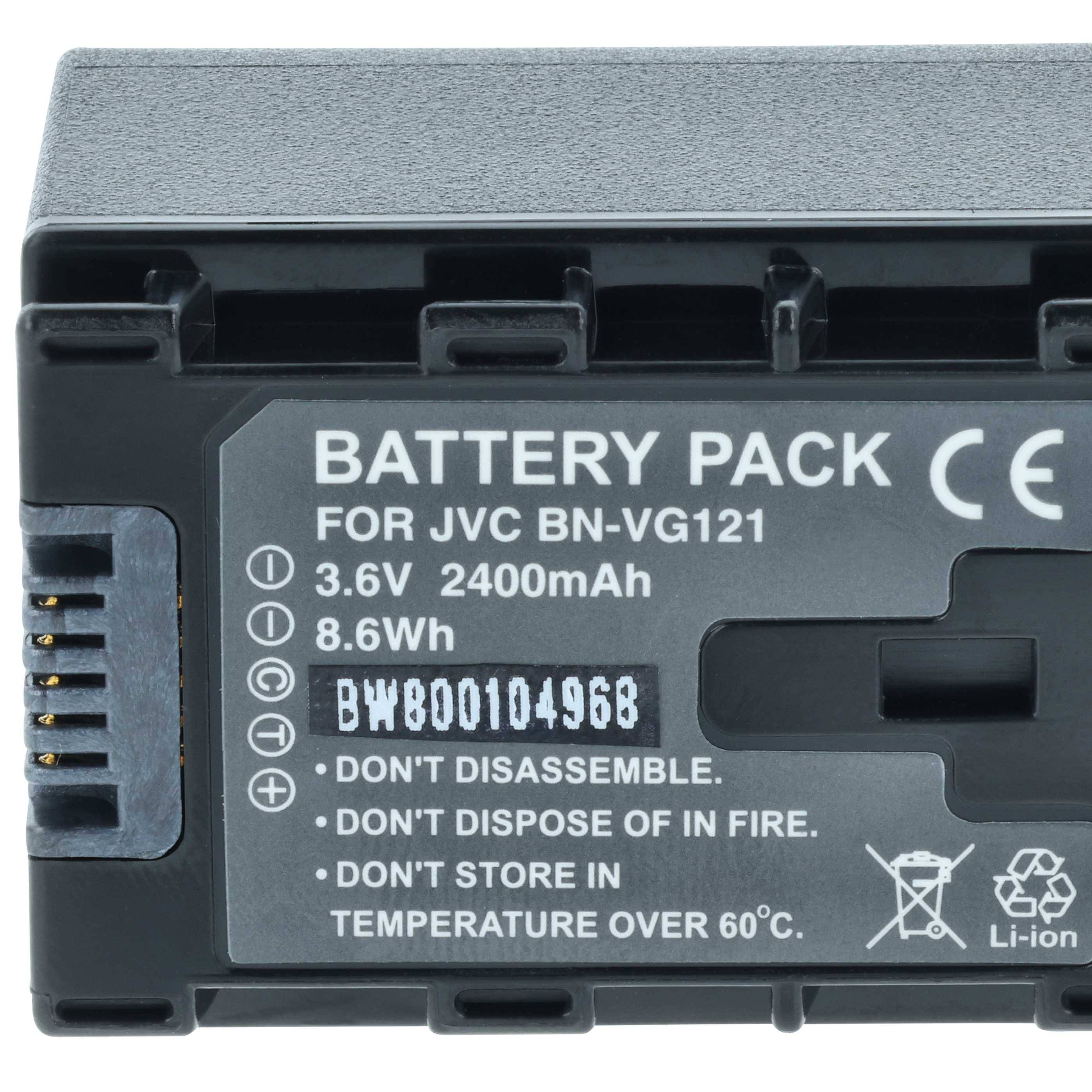 Akkupack für JVC BN-VG121, 8,6V, 2400mAh, Li-Ion. Warnhinweise: 'Nicht Feuer aussetzen', 'Nicht im Wasser entsorgen', 'Temperatur über 60°C'.