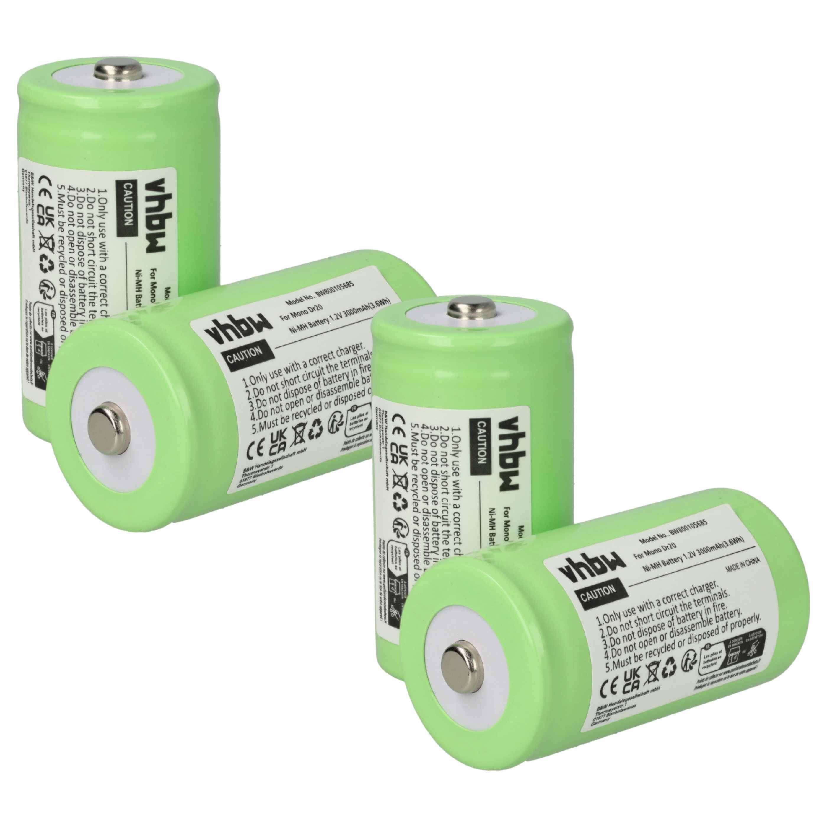 Vier grüne wiederaufladbare Batterien mit Sicherheits- und Recycling-Symbolen auf den Etiketten in verschiedenen Winkeln.