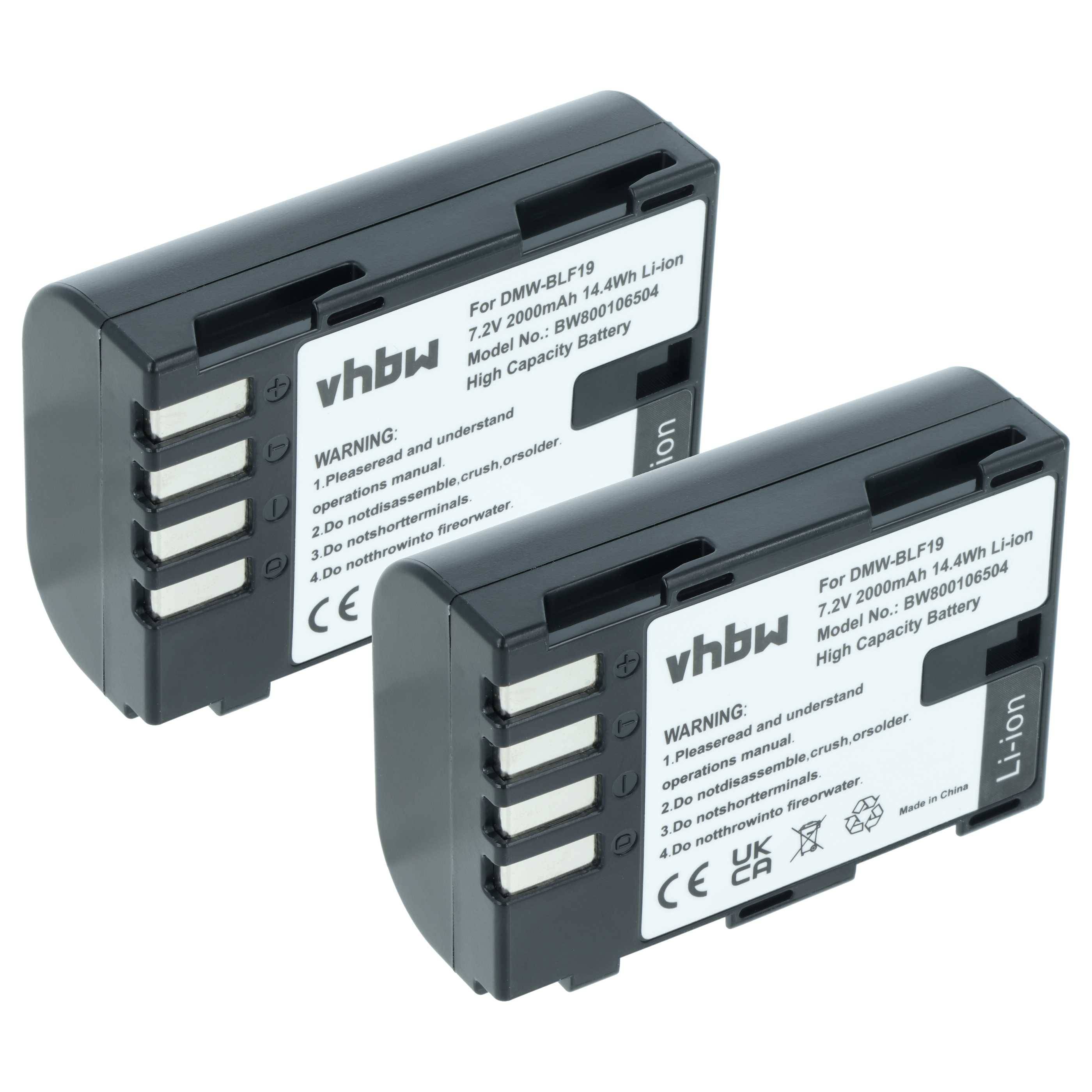 Zwei vhbw Kamerabatterien mit Beschriftungen, die Spezifikationen zeigen: '7.2V 2000mAh Li-Ion'. Sie enthalten Warntext und Zertifizierungssymbole.