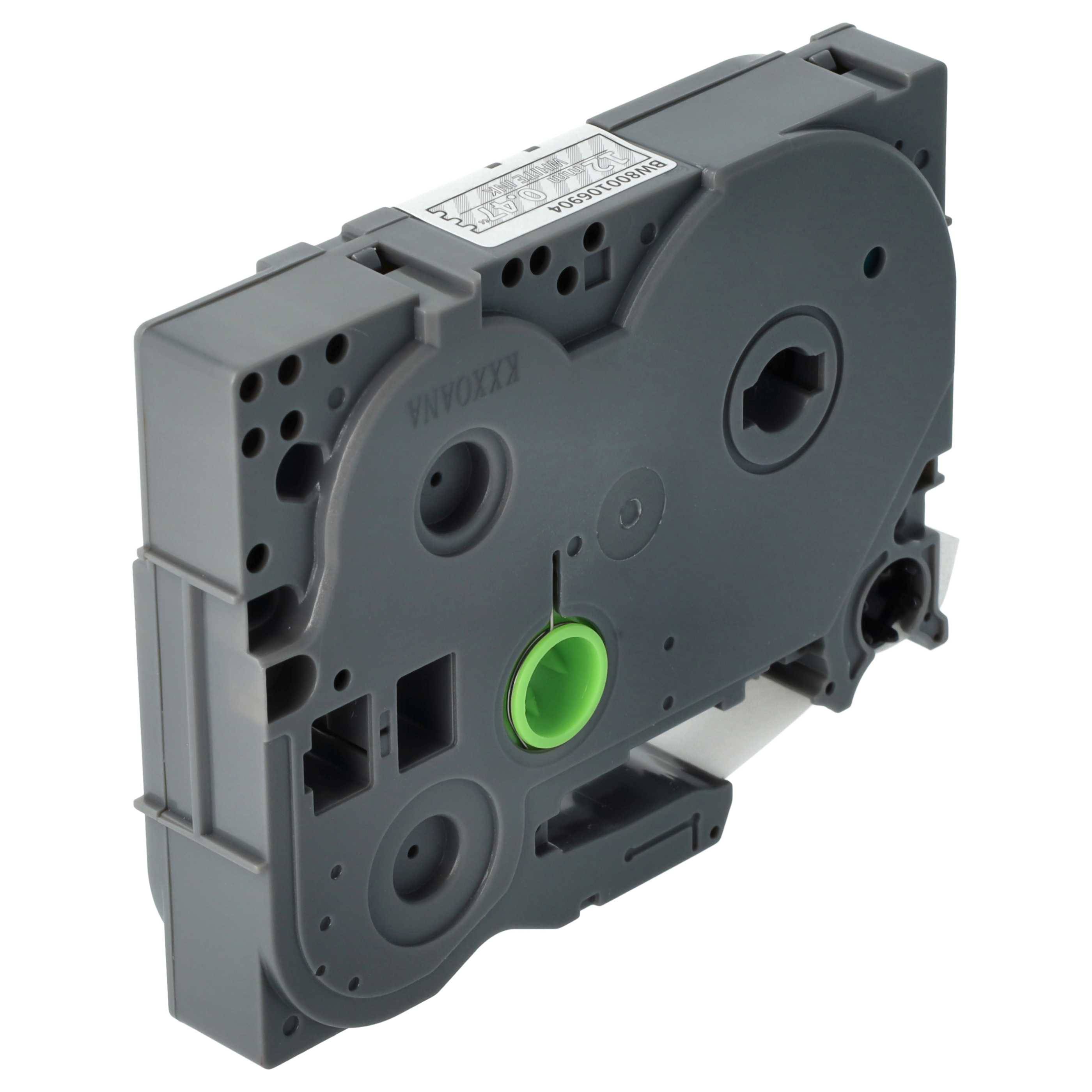 Ein grauer Kassettenbehälter mit einem grünen Knopf, der für Beschriftungsmaschinen verwendet wird und die Spule und Ausrichtungsöffnungen auf der Vorderseite zeigt.