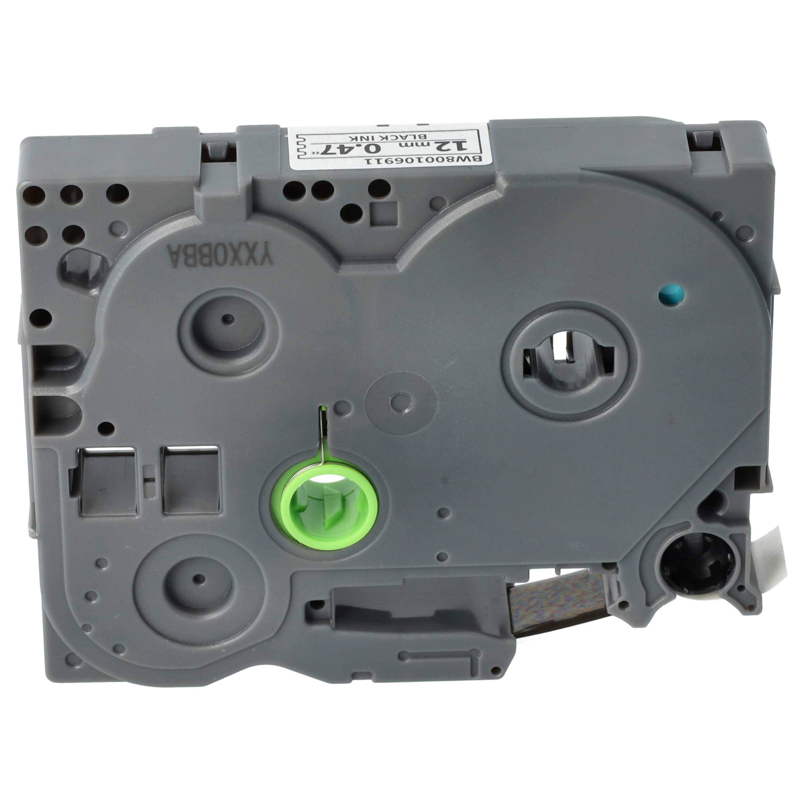 Grau beschriftete Klebebandkassette mit Wickelmechanismus und Zahnkranzbohrlöchern, auf der Oberseite mit „12 mm x 6,0 m