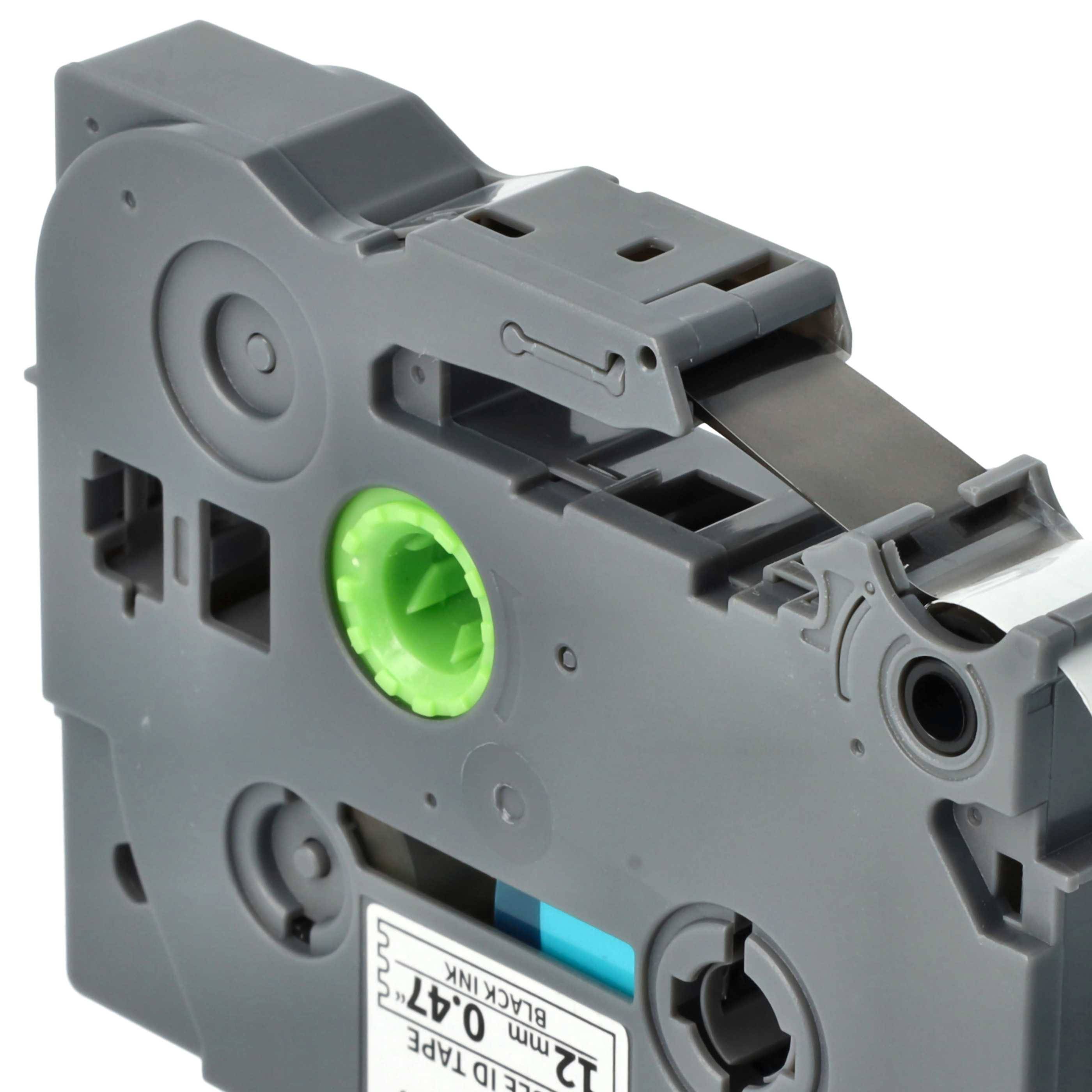 Nahaufnahme einer schwarzen Druckerpatrone mit einem grünen Zahnrad und Etikett mit der Aufschrift „Schwarze Tinte