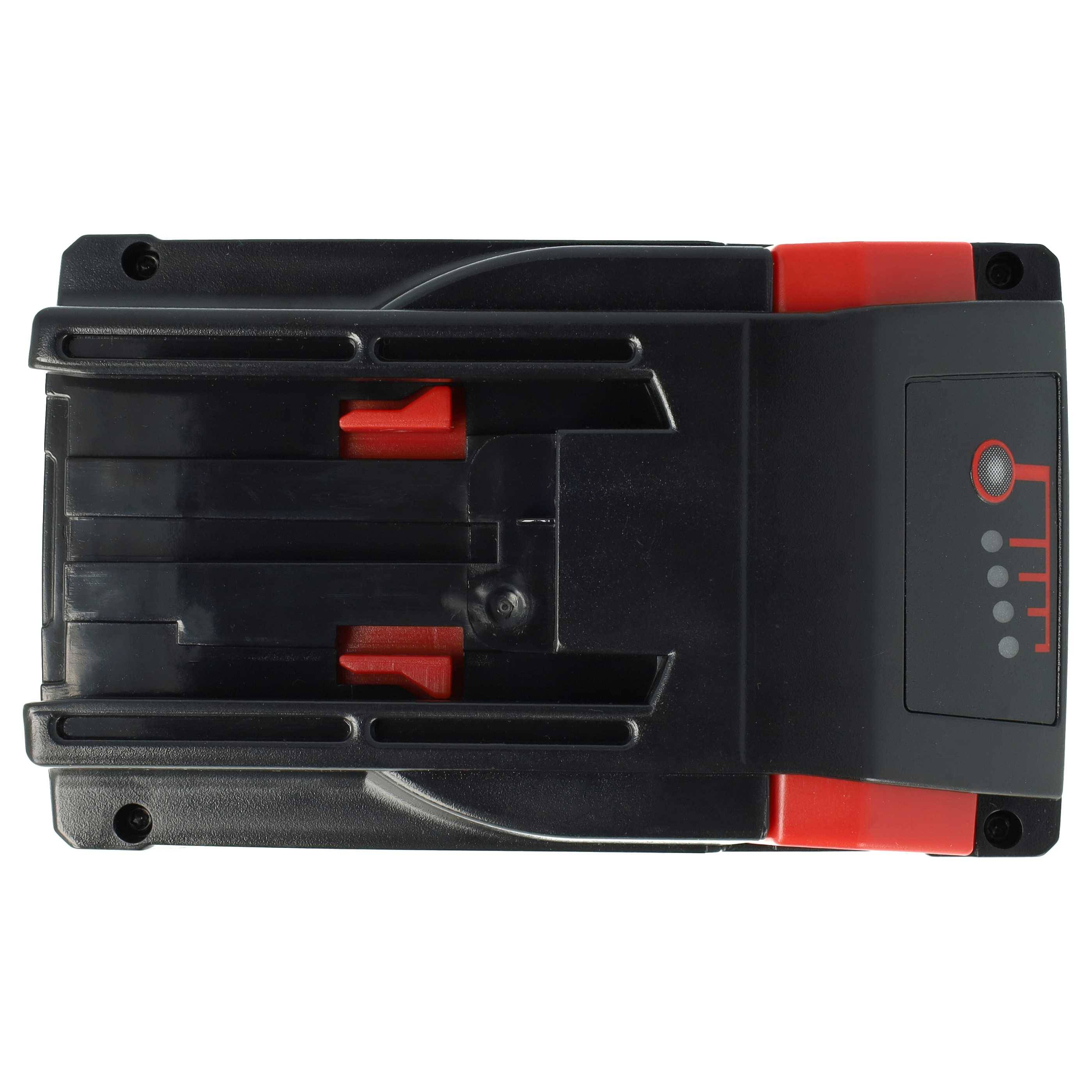 Ein schwarzes und rotes elektronisches Batteriepaket mit Anzeigelichtern, die das Ladeniveau anzeigen.