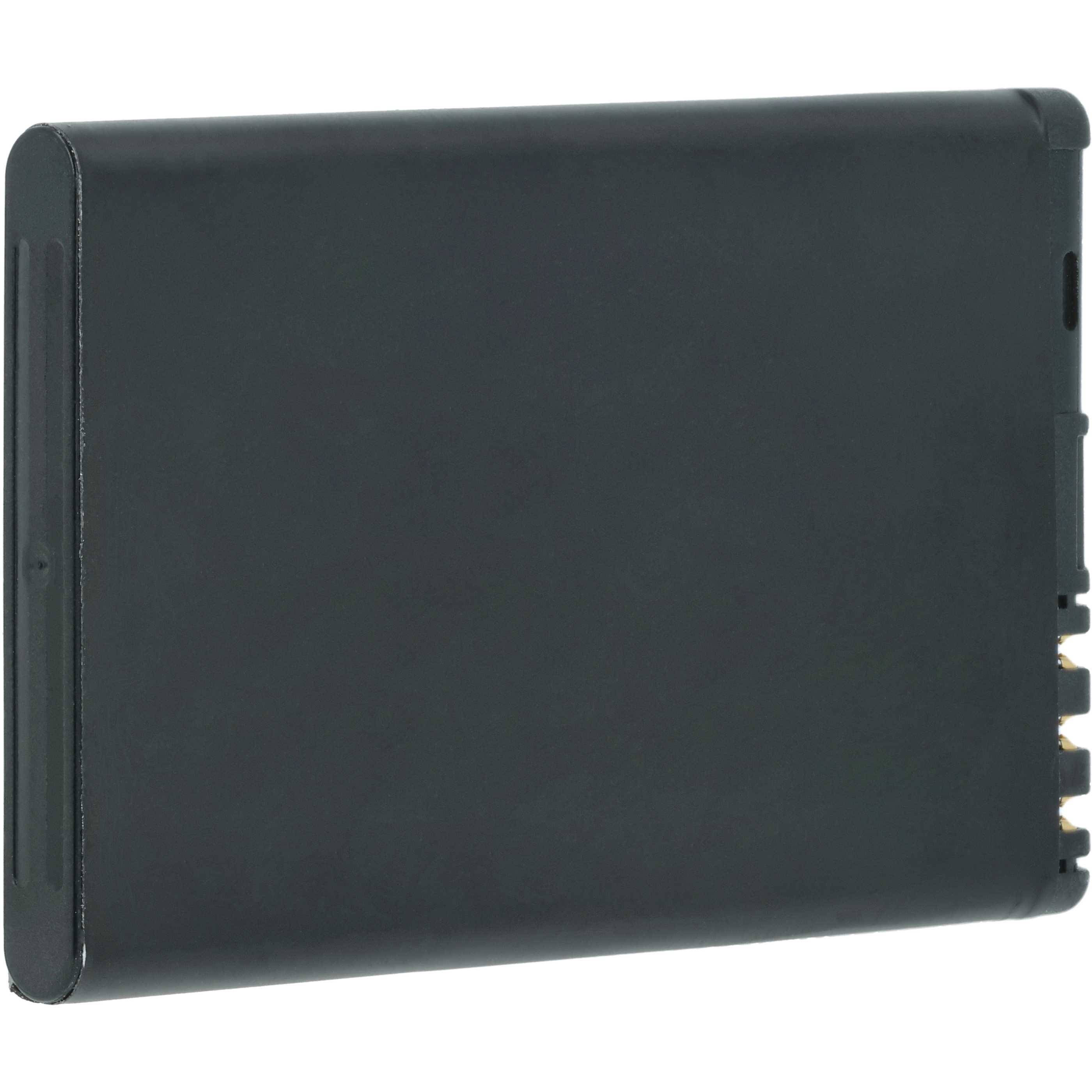 Eine schwarze rechteckige Batterie mit metallischen Kontakten auf der rechten Seite.