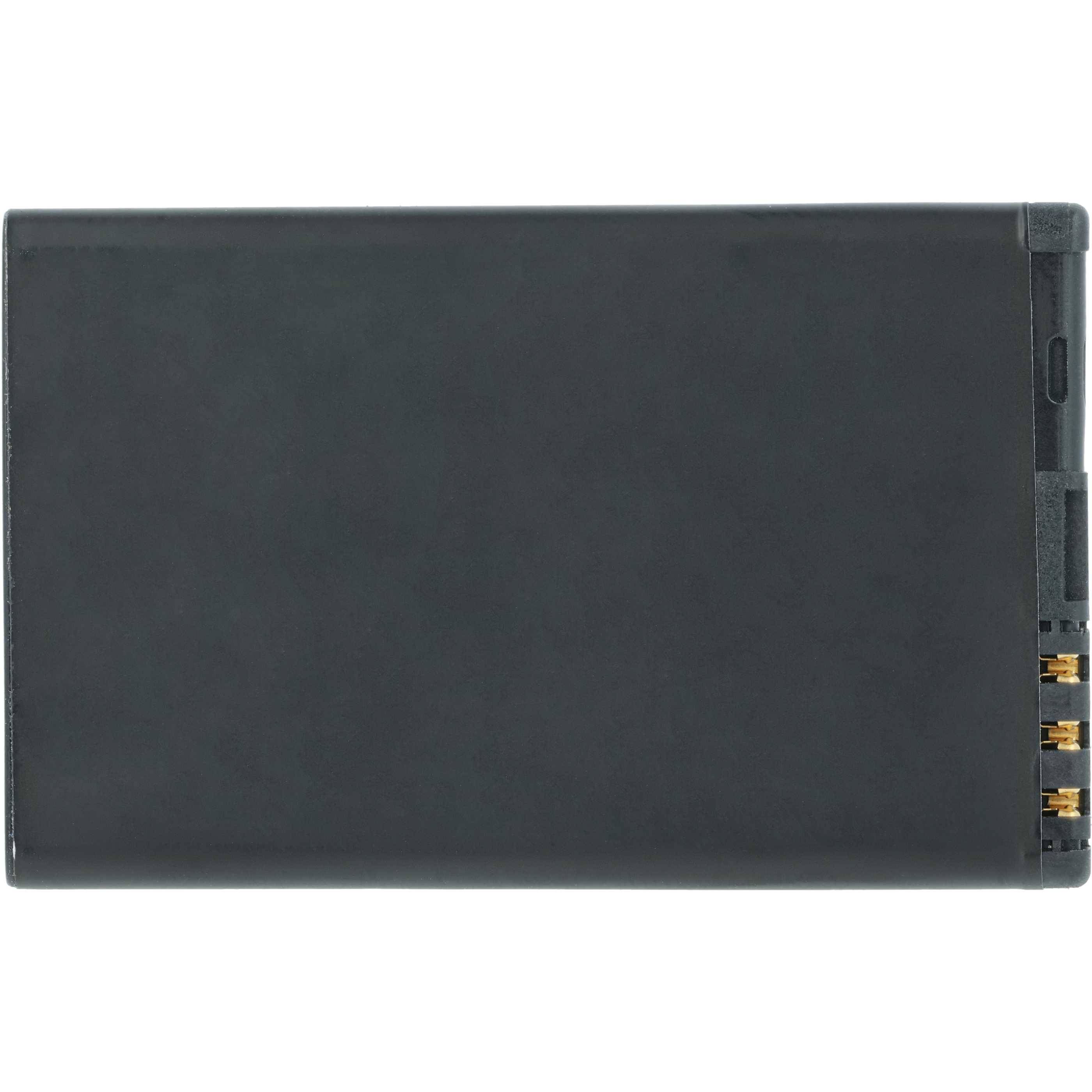 Ein rechteckiger, schwarzer Akku mit sichtbaren Goldkontakten an der Seite, der für elektronische Geräte verwendet wird.