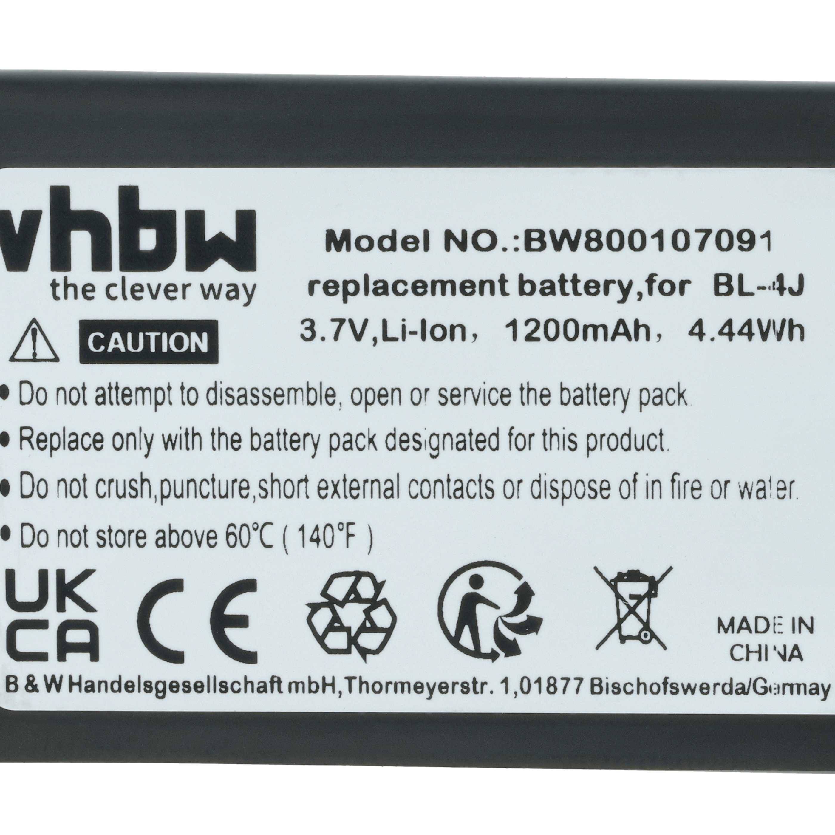 Ersatzbatterie Etikett für Modell-Nr.: BW800107091, BL-4J, 3,7V, Li-Ion, 1200mAh, 4,44Wh. Enthält Sicherheits- und Nutzungshinweise.