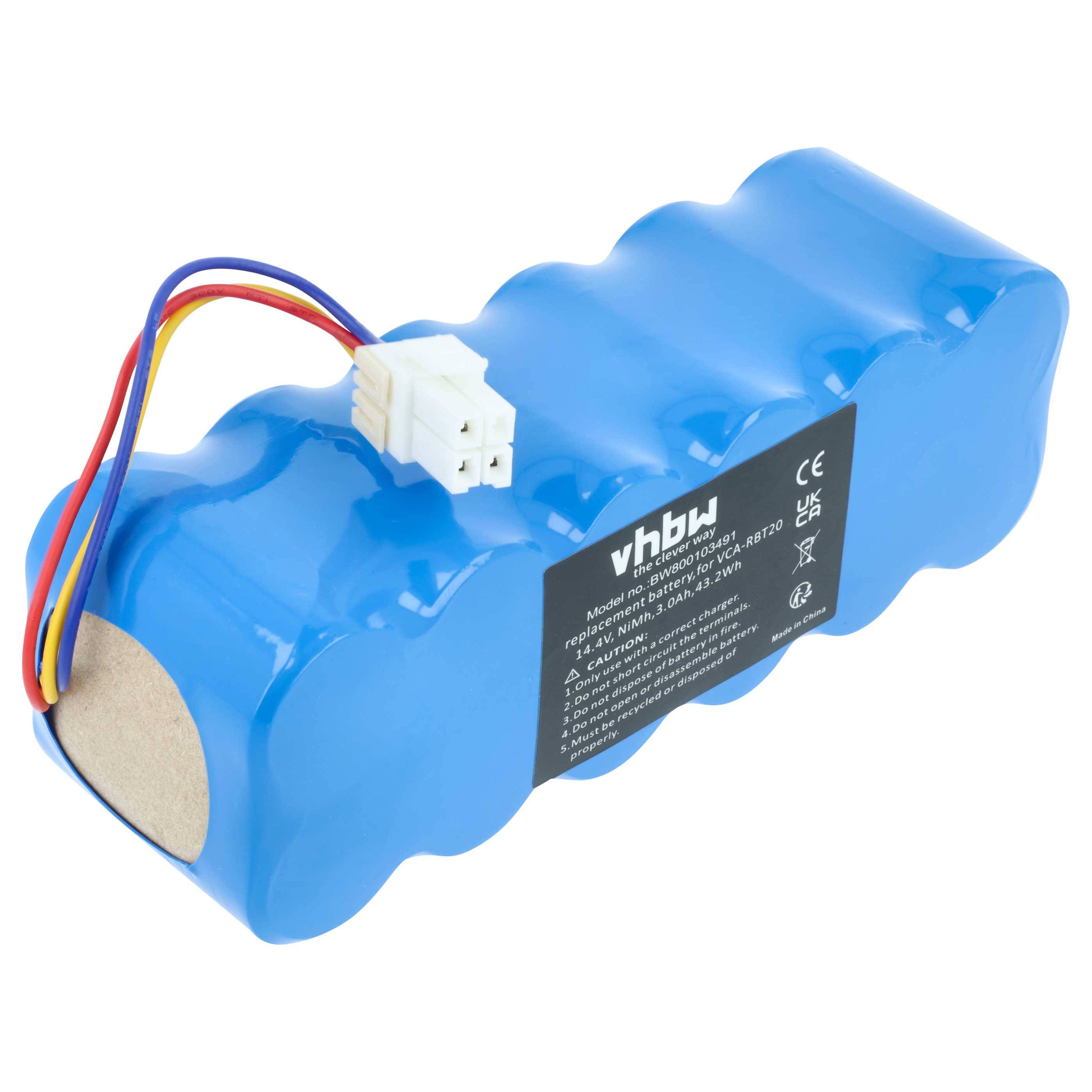 Ein blauer zylindrischer wiederaufladbarer Akkupack mit einem weißen Stecker und farbigen Kabeln, auf einer Seite mit technischen Spezifikationen beschriftet.