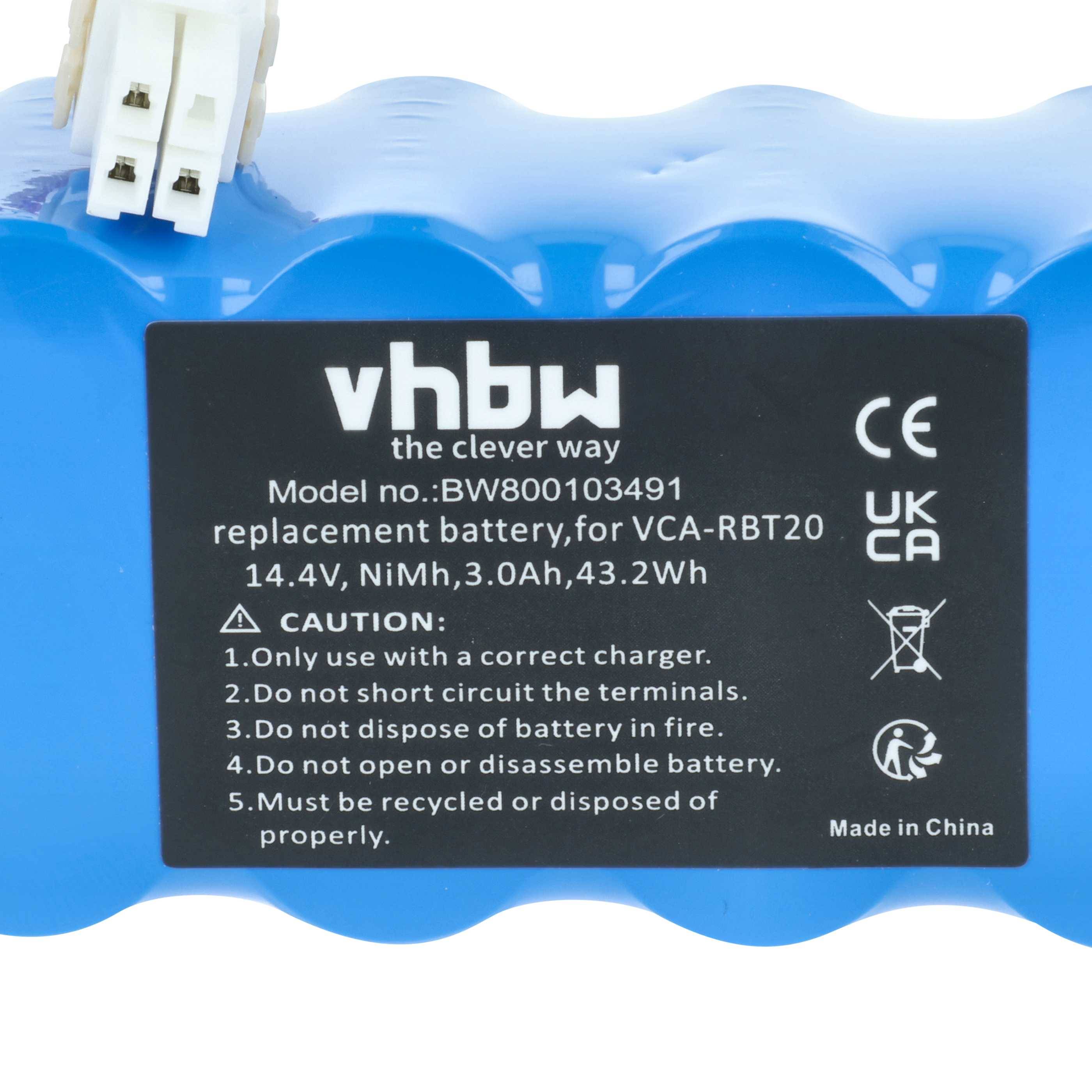 Ein blauer 'vhbw' Akkupack mit Spezifikationen: 14,4V, NiMH, 3,0Ah, 43,2Wh. Sicherheitshinweise und Modellnummer enthalten.