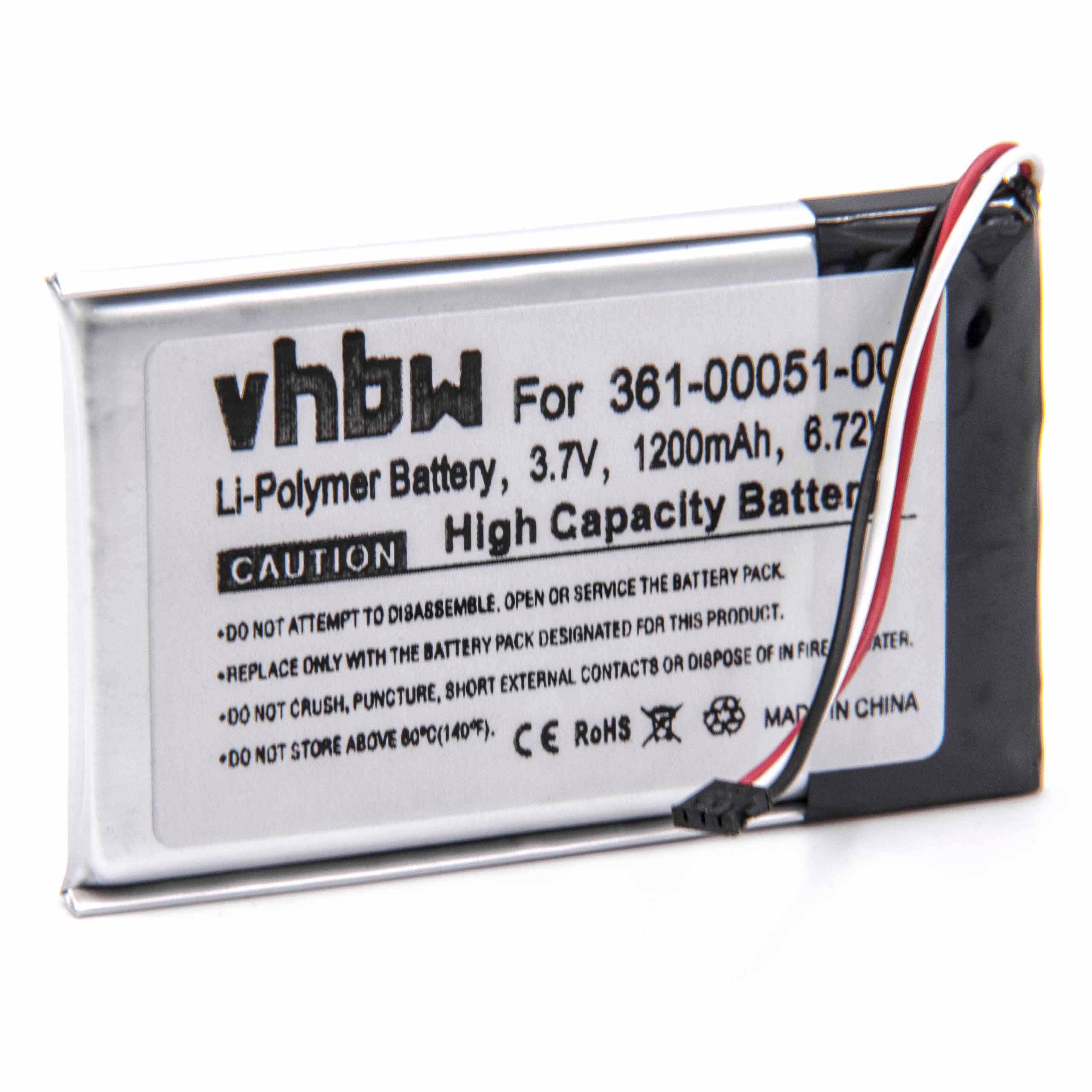 „vhbw Li-Polymer Batterie, 3,7V, 1200mAh, 6,72Wh. Für 361-00051-00. Vorsicht: Nicht auseinandernehmen oder kurzschließen. Hergestellt in China.