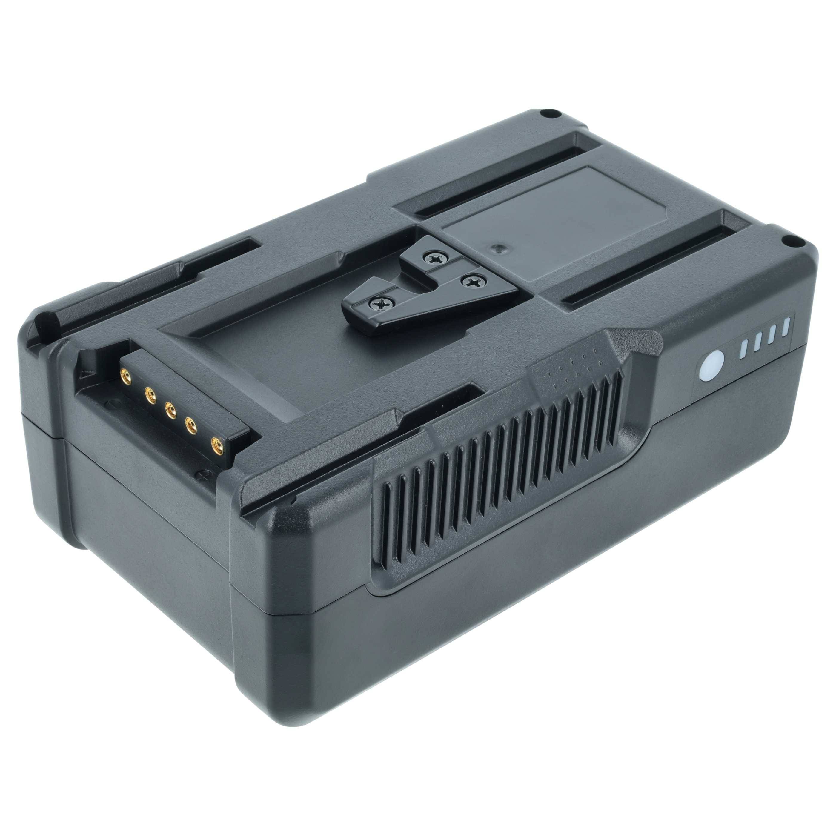 Ein schwarzer, rechteckiger Akkupack mit Anschlussbolzen und einer Reihe von LED-Anzeigen an seiner Seite, der zur Stromversorgung elektronischer Geräte verwendet wird.
