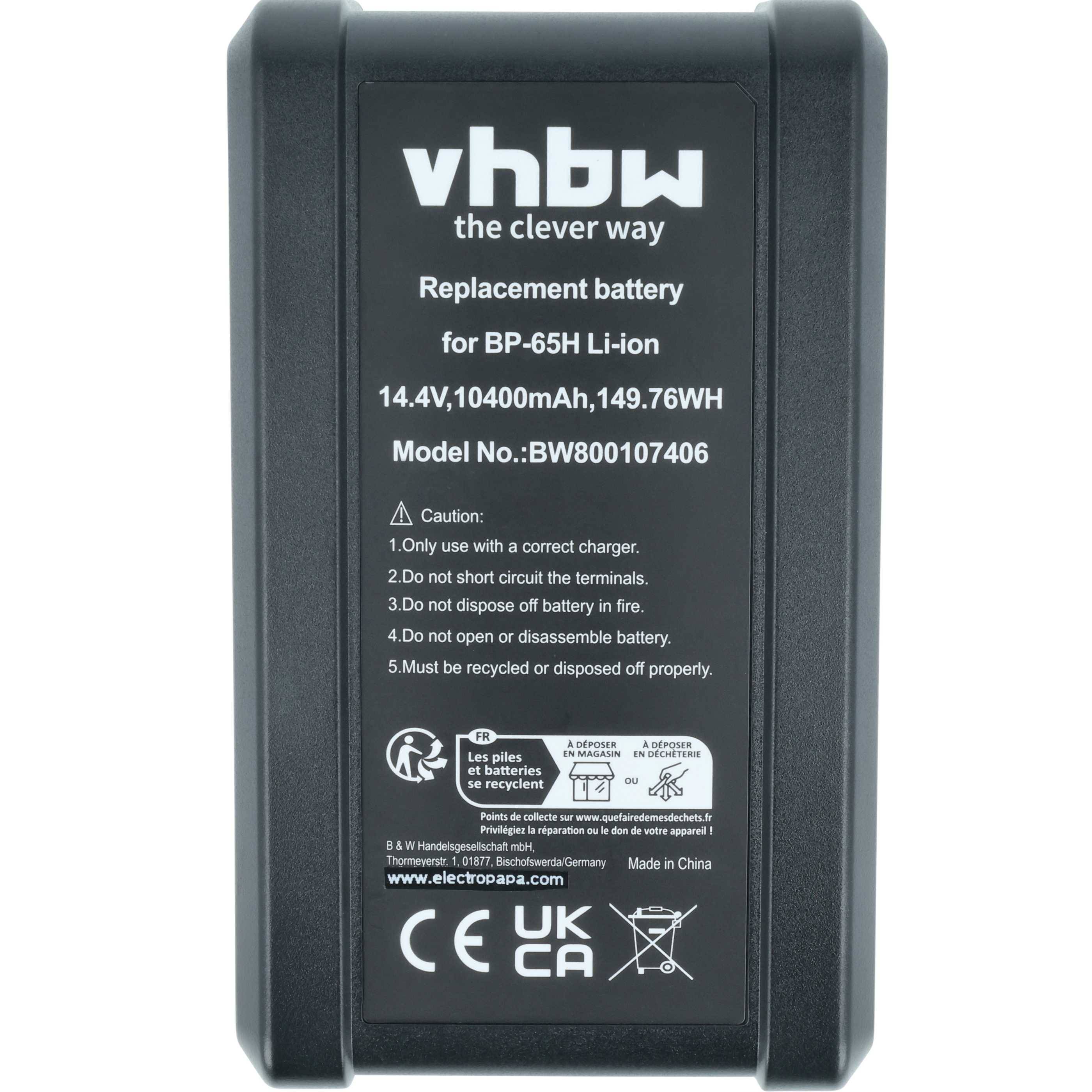 Akku mit Aufschrift 'vhbw die clevere Art', 14,4V, 10400mAh, 149,76Wh, für BP-65H Lithium-Ionen. Modellnummer BW800107406. Sicherheitshinweise beigelegt.