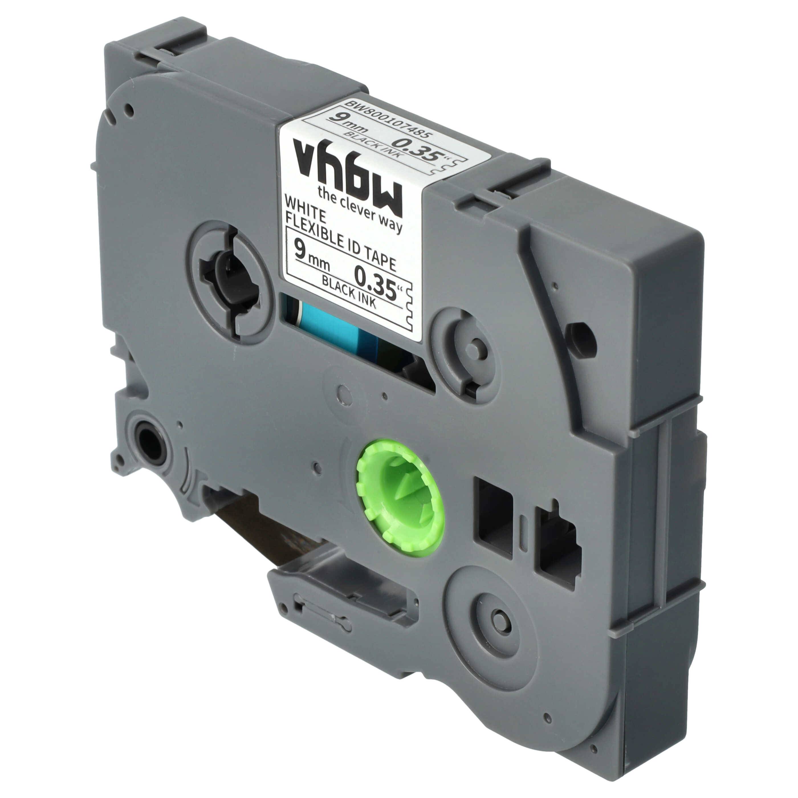 vhbw Schriftband-Kassette kompatibel mit Brother PT 1000, 1200, 1090, 1080, 1010, 1000-Serie Etiketten-Drucker 8m x 9mm Schwarz auf Weiß, Flexibel