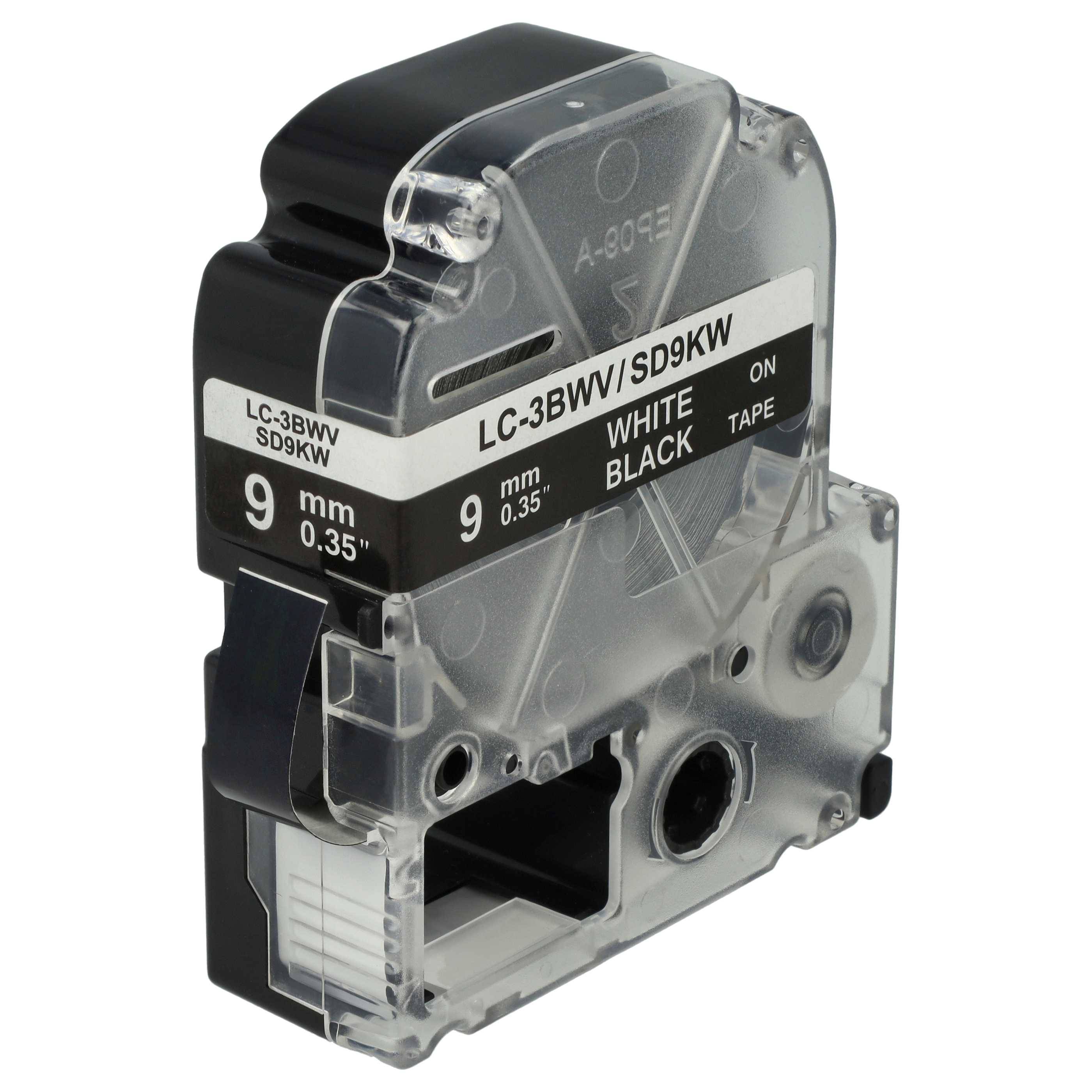 vhbw Schriftband-Kassette kompatibel mit KingJim SR-PBW1 | SR-RK1, SR950 Etiketten-Drucker 8m x 9mm Weiß auf Schwarz