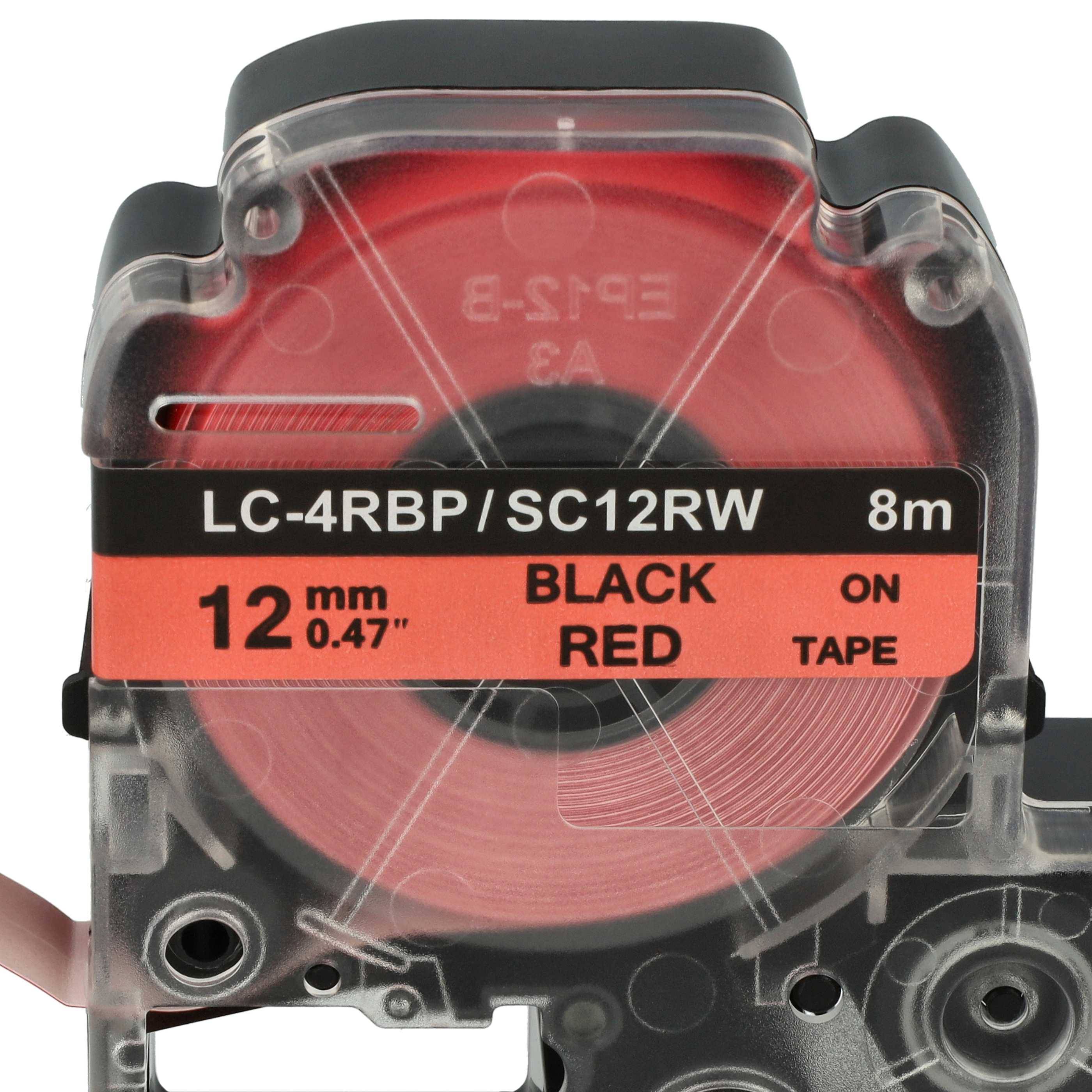 vhbw Schriftband-Kassette kompatibel mit KingJim SR3900C, SR150, SR3700P, SR330, SR300TF, SR180, SR230C Etiketten-Drucker 8m x 12mm Schwarz auf Rot