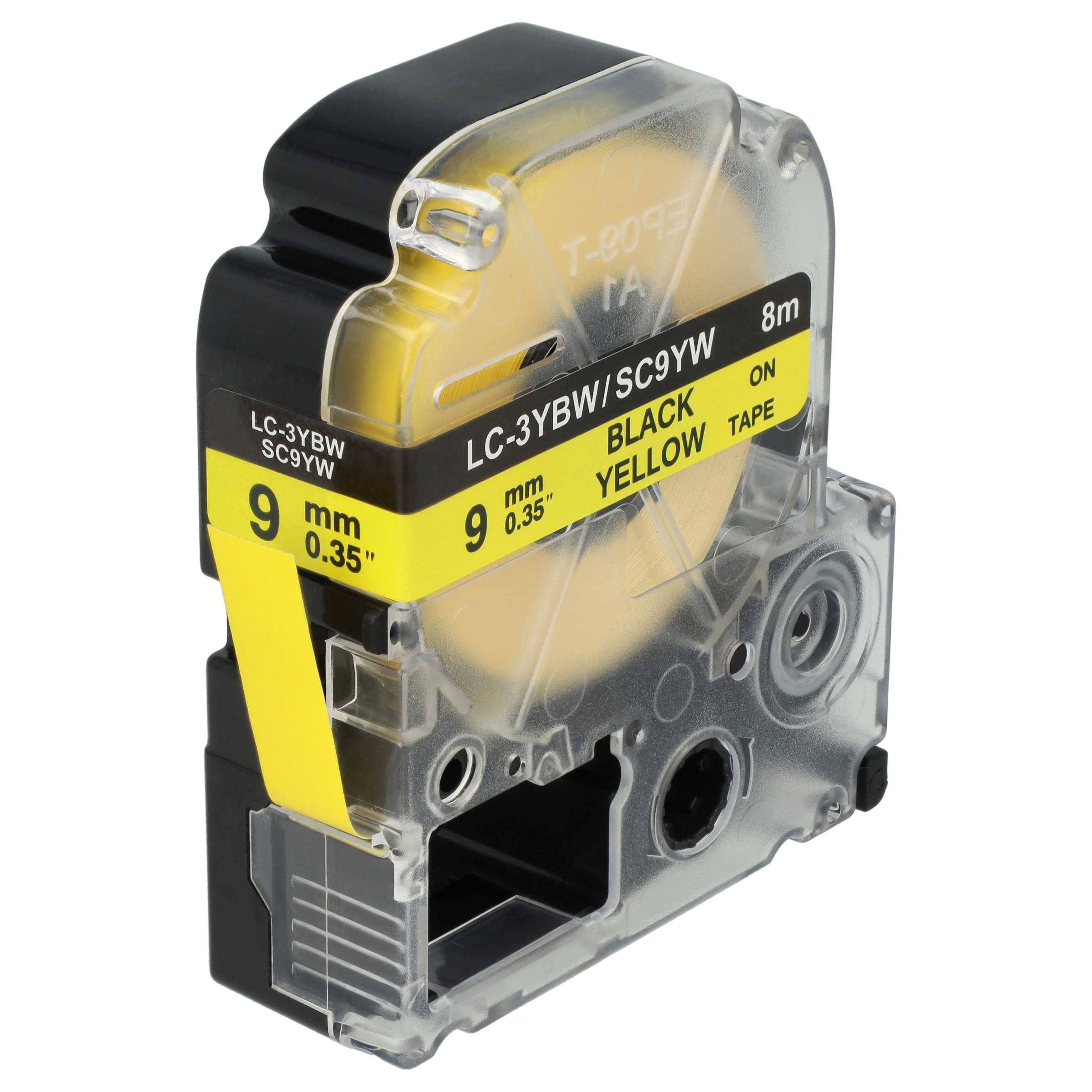 vhbw Schriftband-Kassette kompatibel mit KingJim SR3900C, SR150, SR3700P, SR330, SR300TF, SR180, SR230C Etiketten-Drucker 8m x 9mm Schwarz auf Gelb