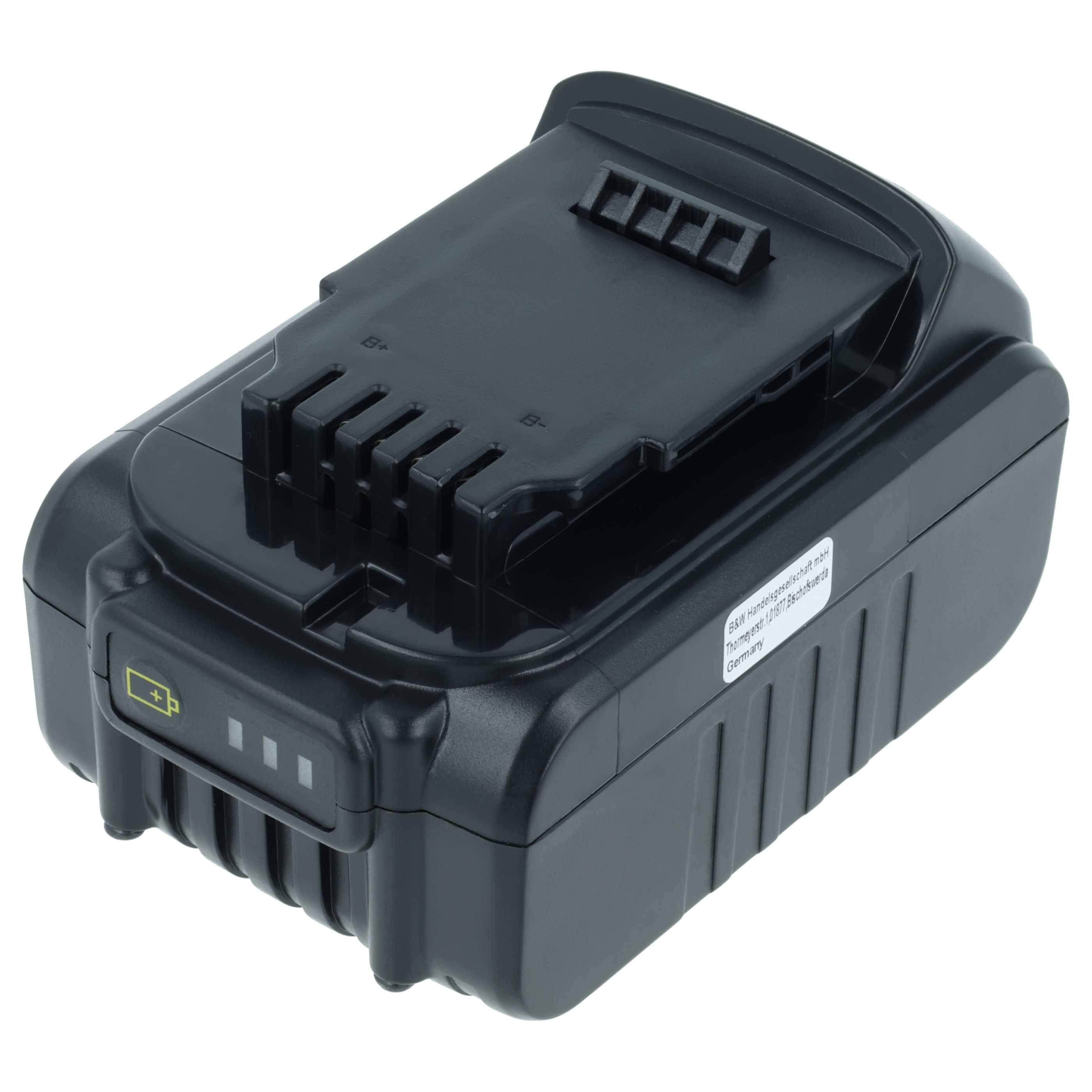 Schwarzes wiederaufladbares Batterie-Pack mit Anzeigeleuchten und Befestigungsschlitz oben.