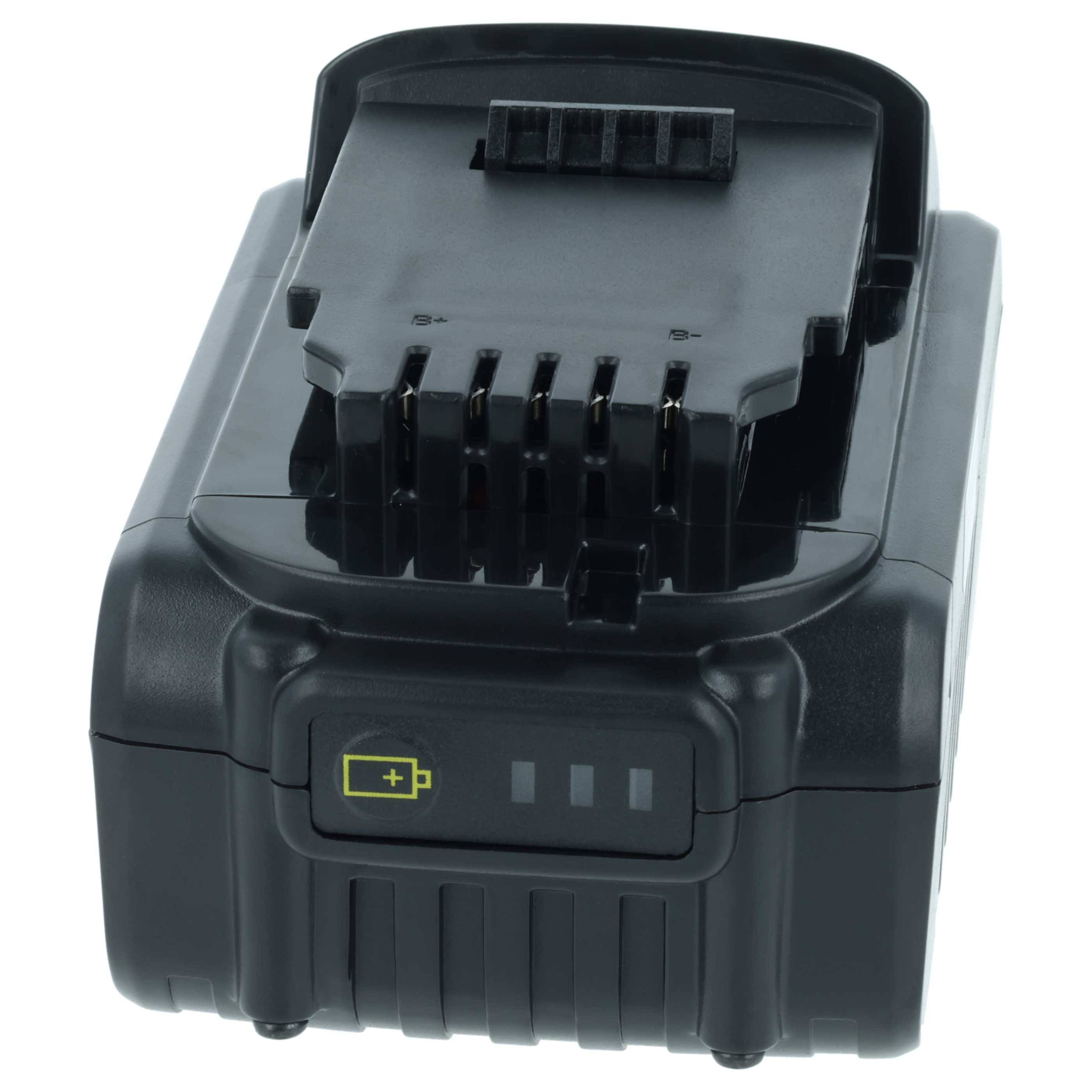 Schwarze Elektrowerkzeug-Batterie mit drei LED-Anzeigen, die das Ladestand anzeigen; auf der Vorderseite befindet sich ein Batterie-Diagramm.
