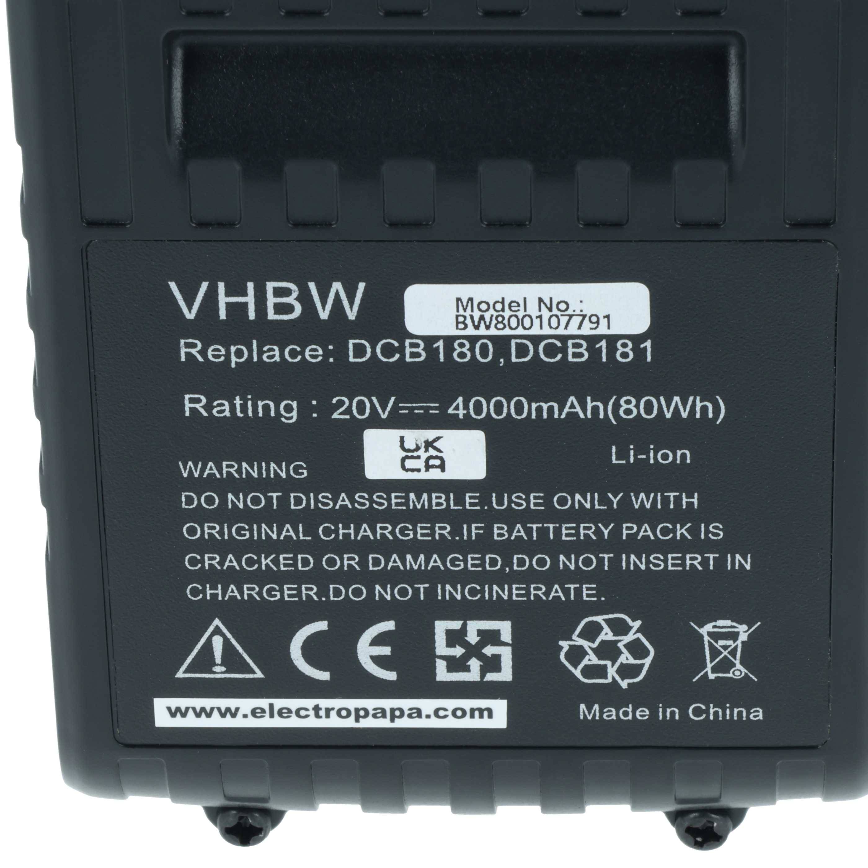 VHBW-Akku; Modellnummer BW800107791; Ersatz für: DCB180, DCB181; Nennwerte: 20V–1800mAh (80Wh); Warnung: Nicht auseinandernehmen. Li-Ion.