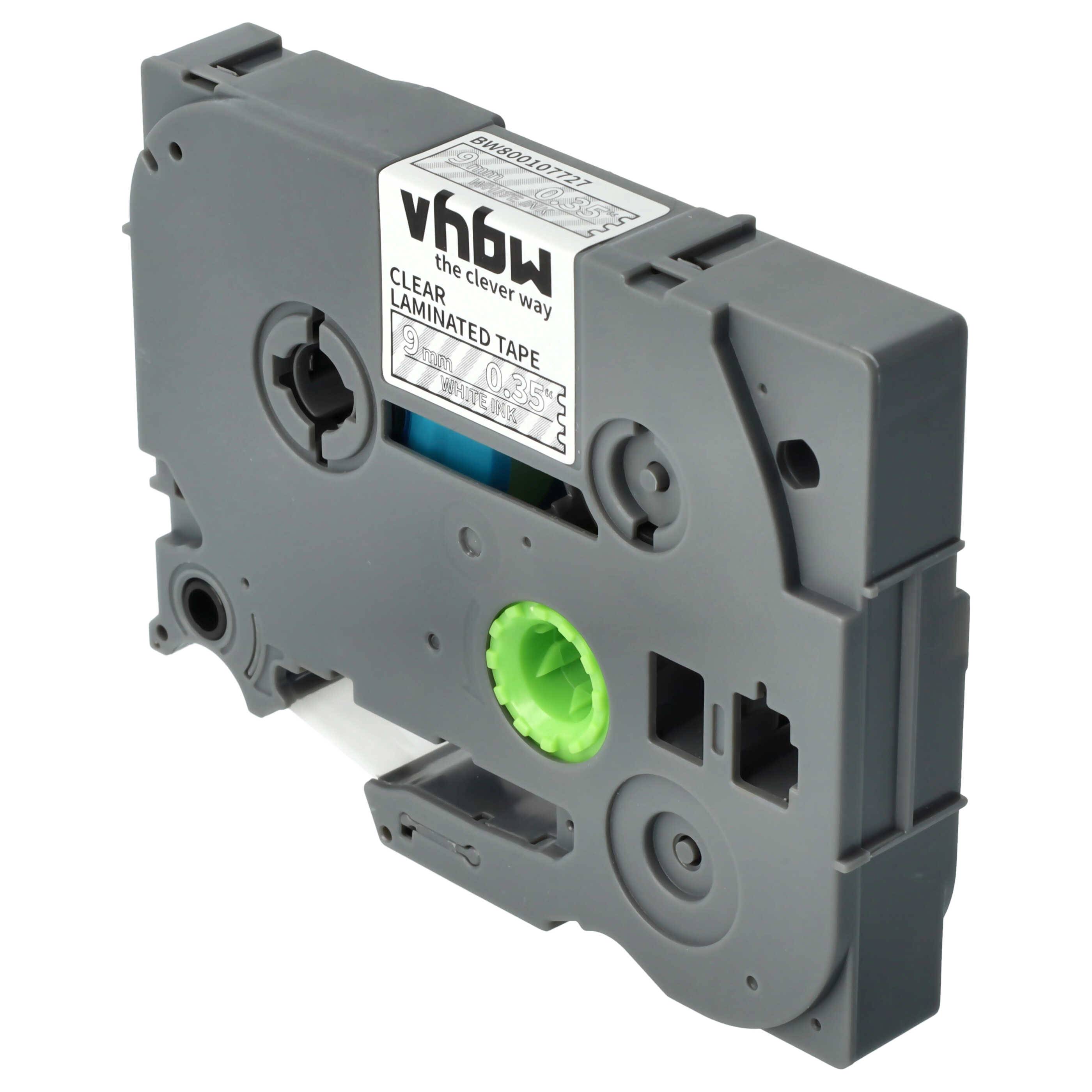 vhbw Schriftband-Kassette kompatibel mit Brother PT 2480, 2470, 2460, 2450, 2700VP, 2450DX, 2500PC Etiketten-Drucker 8m x 9mm Weiß auf Transparent