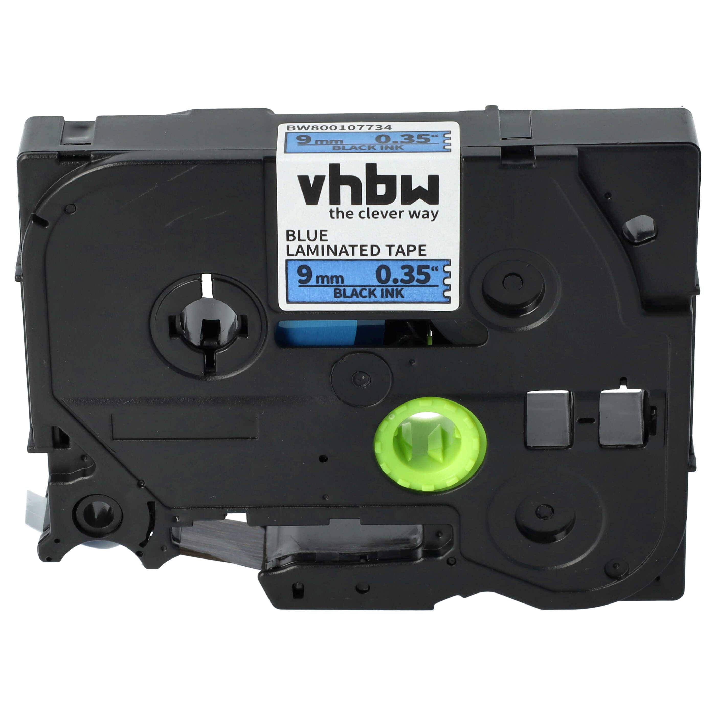 vhbw Schriftband-Kassette kompatibel mit Brother PT D600VP, P700, RL700S, H100LB, H100R, E100, E100VP Etiketten-Drucker 8m x 9mm Schwarz auf Blau