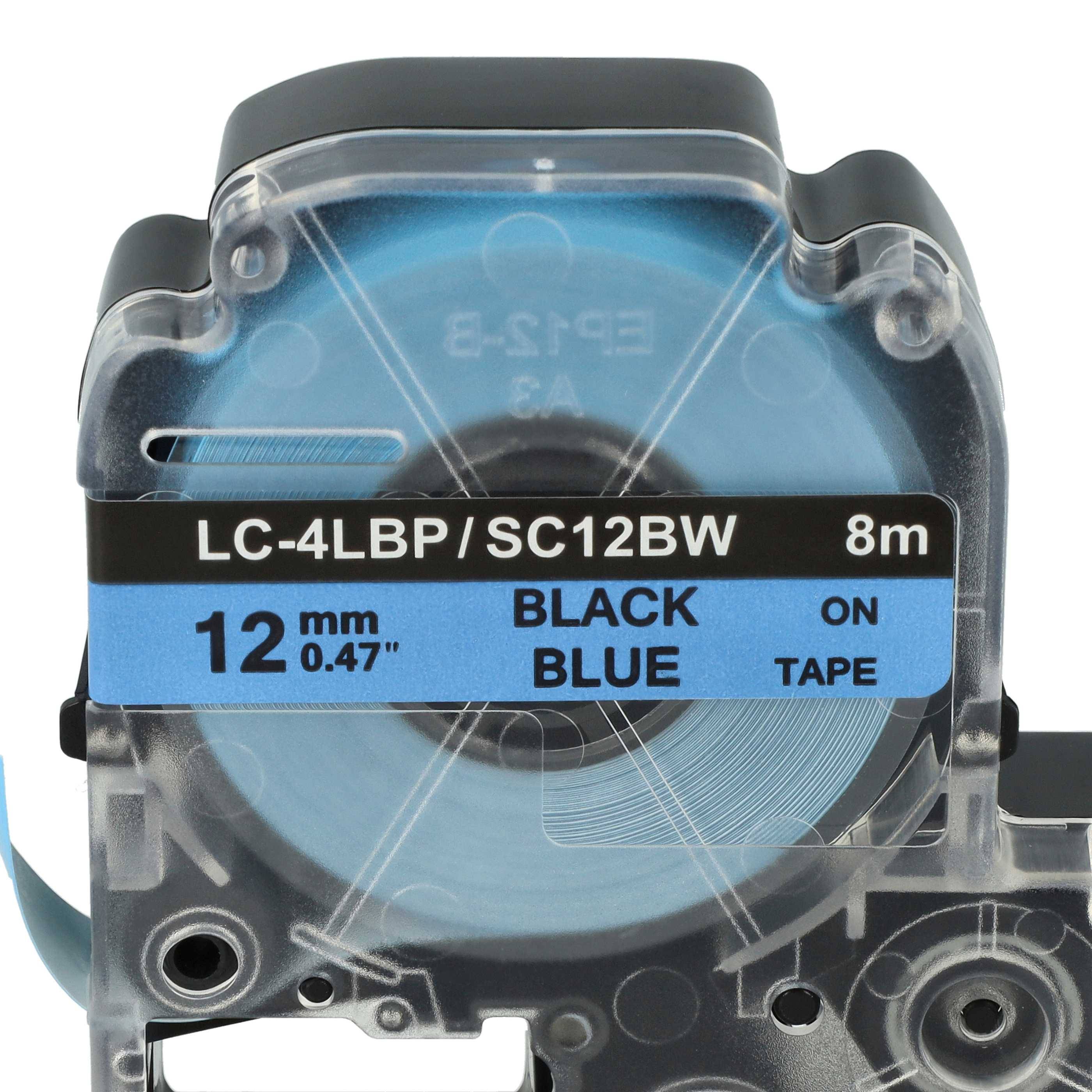 vhbw Schriftband-Kassette kompatibel mit KingJim SR3900C, SR150, SR3700P, SR330, SR300TF, SR180, SR230C Etiketten-Drucker 8m x 12mm Schwarz auf Blau