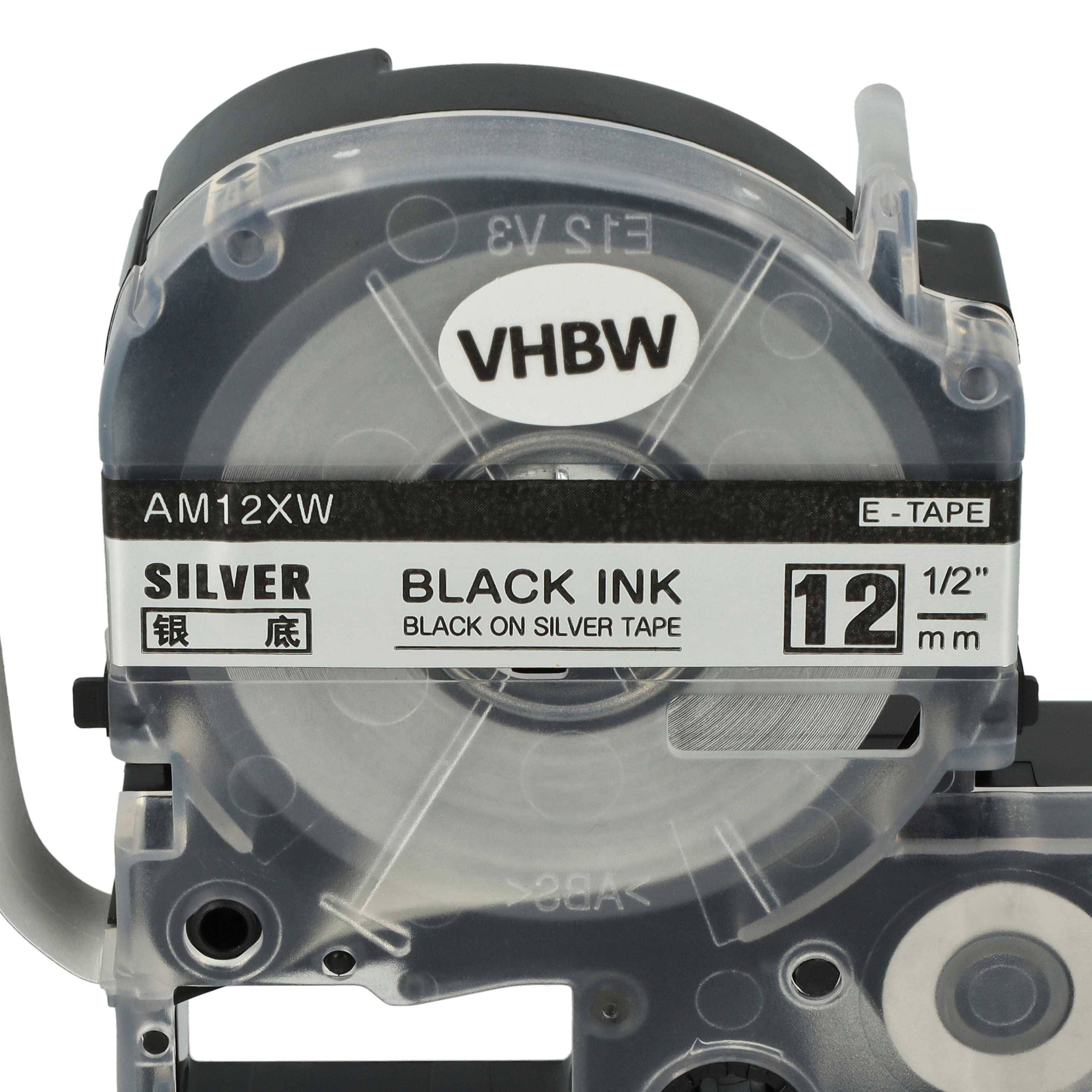 vhbw Schriftband-Kassette Ersatz für KingJim SM12XC, SM12X für Etiketten-Drucker 8m x 12mm Schwarz auf Silber