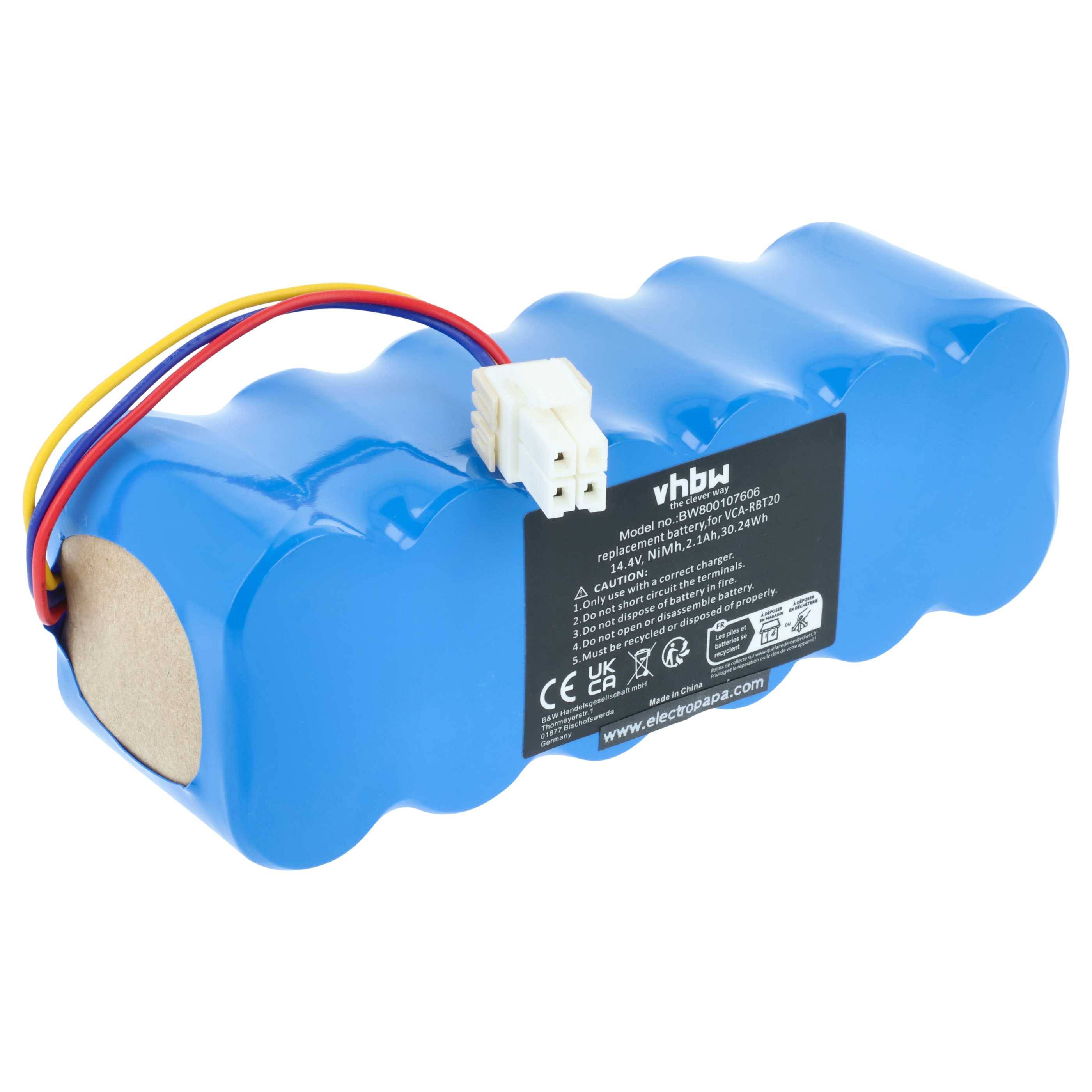 Eine blaue wiederaufladbare Batteriebox mit Kabeln und einem Anschluss, mit der Aufschrift 'vhbw', zur Stromversorgung von Geräten.
