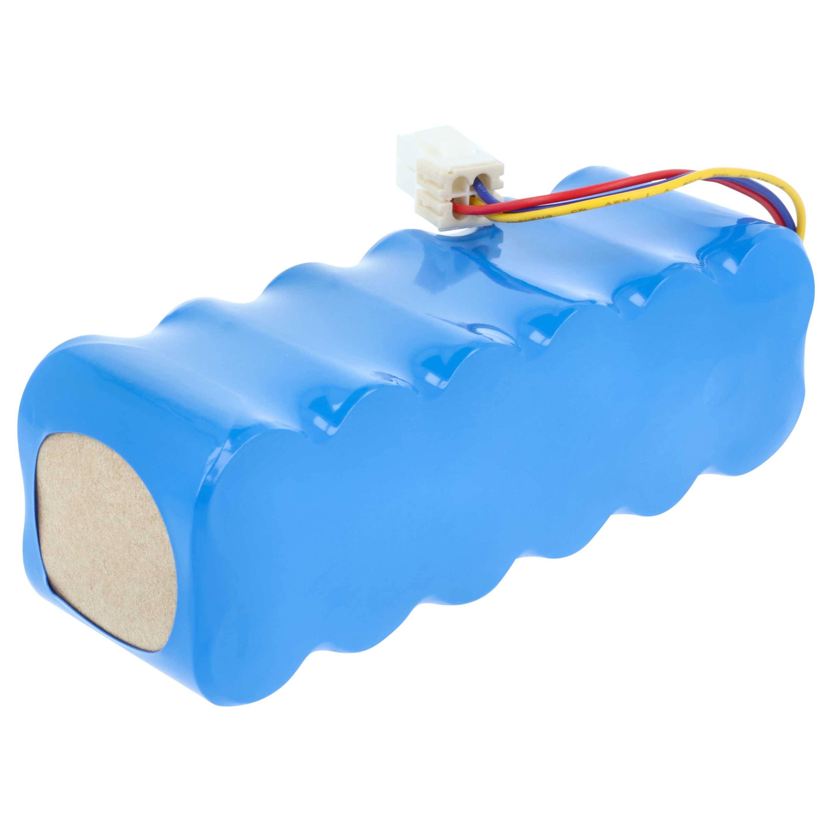 Eine blaue wiederaufladbare Batteriebox mit gelben, roten und schwarzen Kabeln und einem weißen Stecker oben.