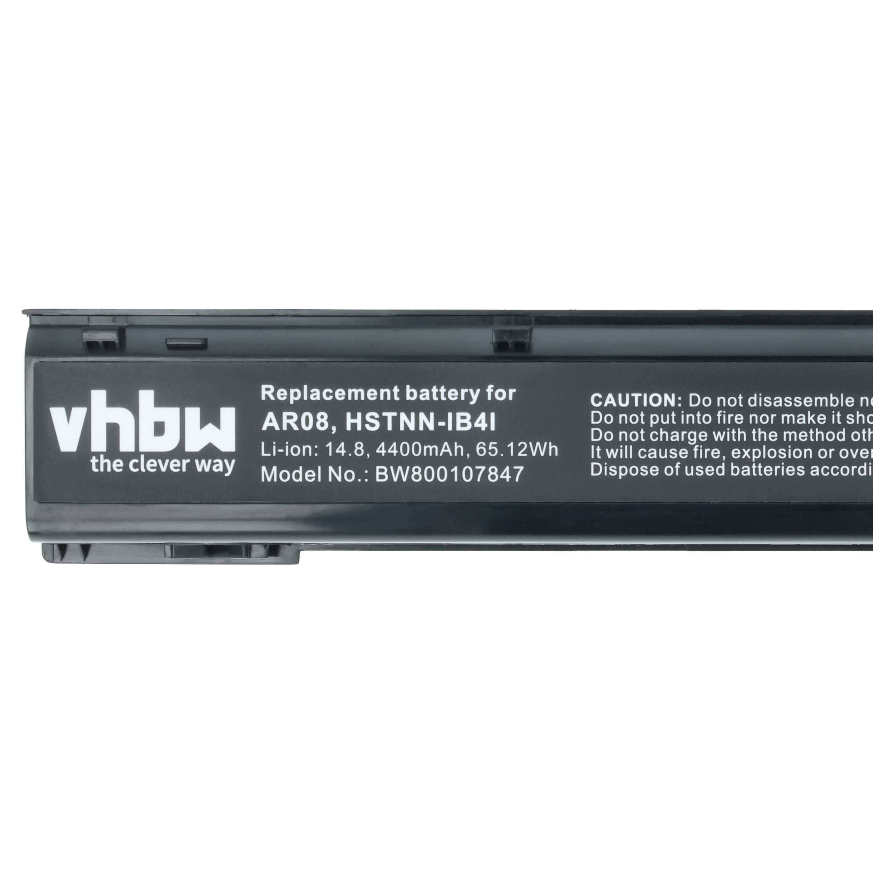 Ein Ersatz-Laptop-Akku von 'vhbw', Modell AR08, 14,8V, 4000mAh, 65,7Wh. Es wird vor Demontage und unsachgemäßer Verwendung gewarnt.