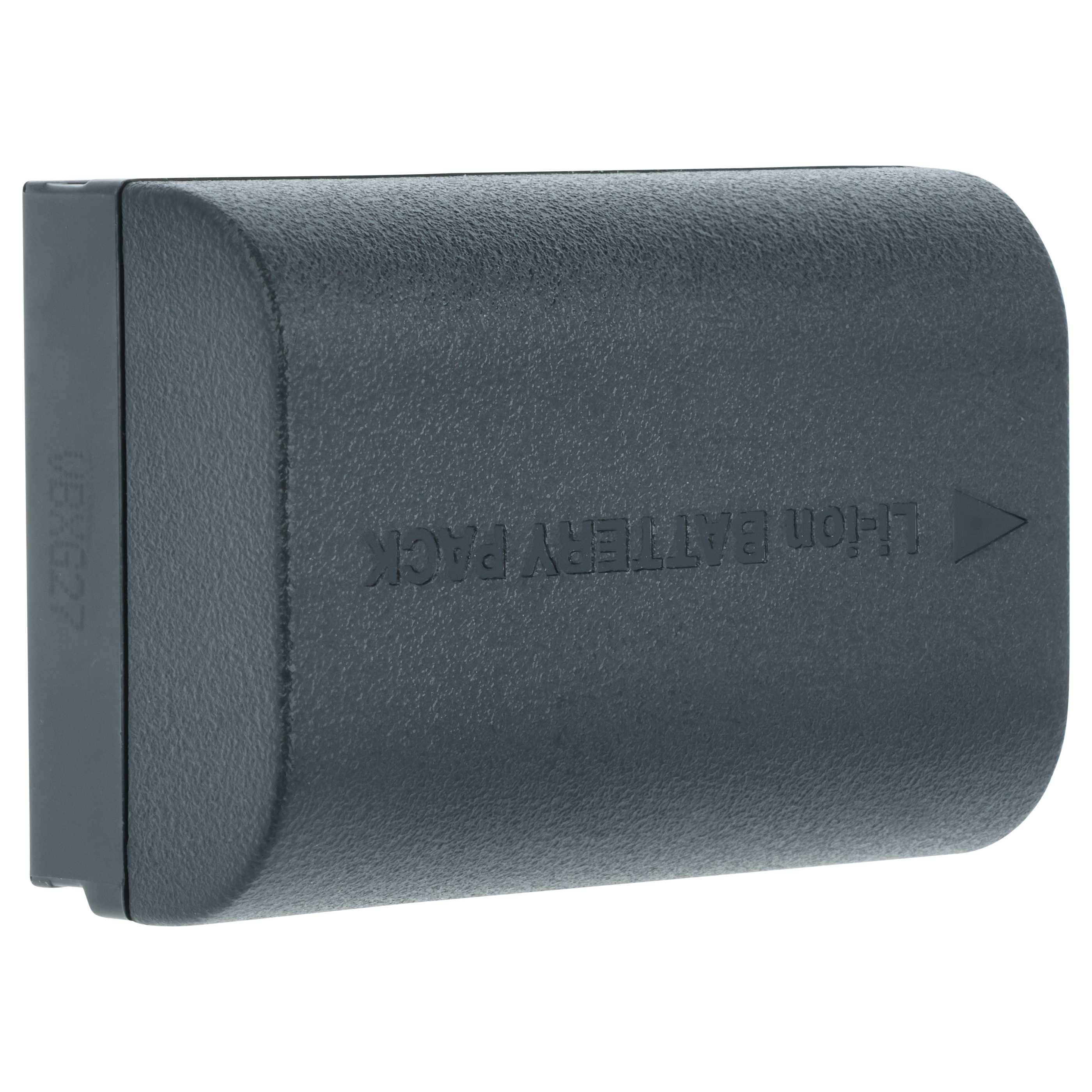 Ein schwarzes Lithium-Ionen-Akkupaket mit glatten, abgerundeten Kanten, auf dessen Seite ein Pfeil und einige Zahlen abgebildet sind.
