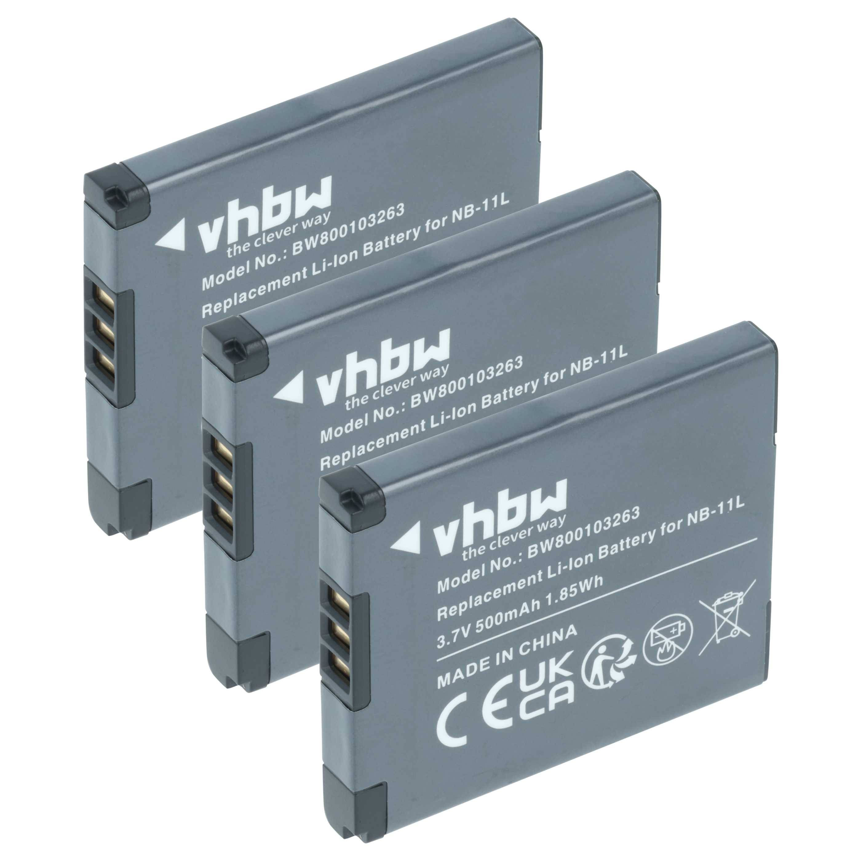 Drei vhbw Lithium-Ionen-Ersatzbatterien, Modell VW80103263 für NB-11L, jeweils mit 3,7V, 500mAh und 1,85Wh Kapazität; hergestellt in China.