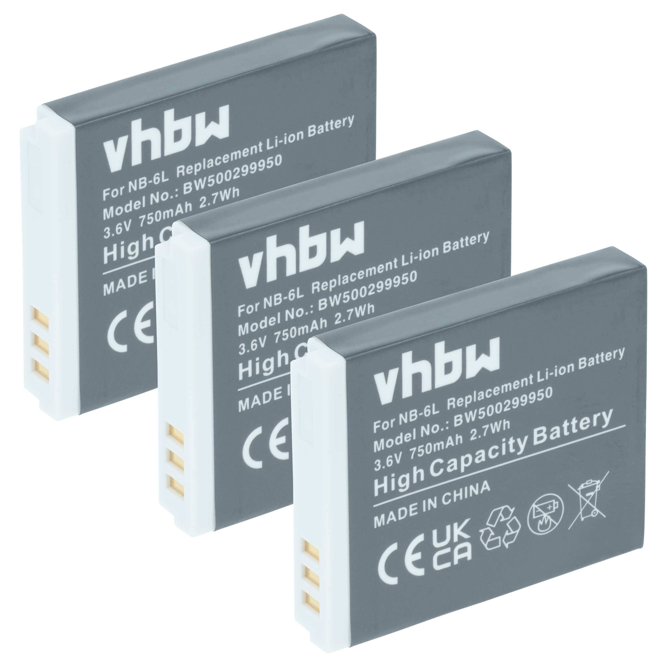 Drei graue vhbw Ersatz-Lithium-Ionen-Akkus sind nebeneinander ausgerichtet und zeigen die Modellnummer 'NB-6L', 3,6V, 750mAh, 2,7Wh, hergestellt in China.