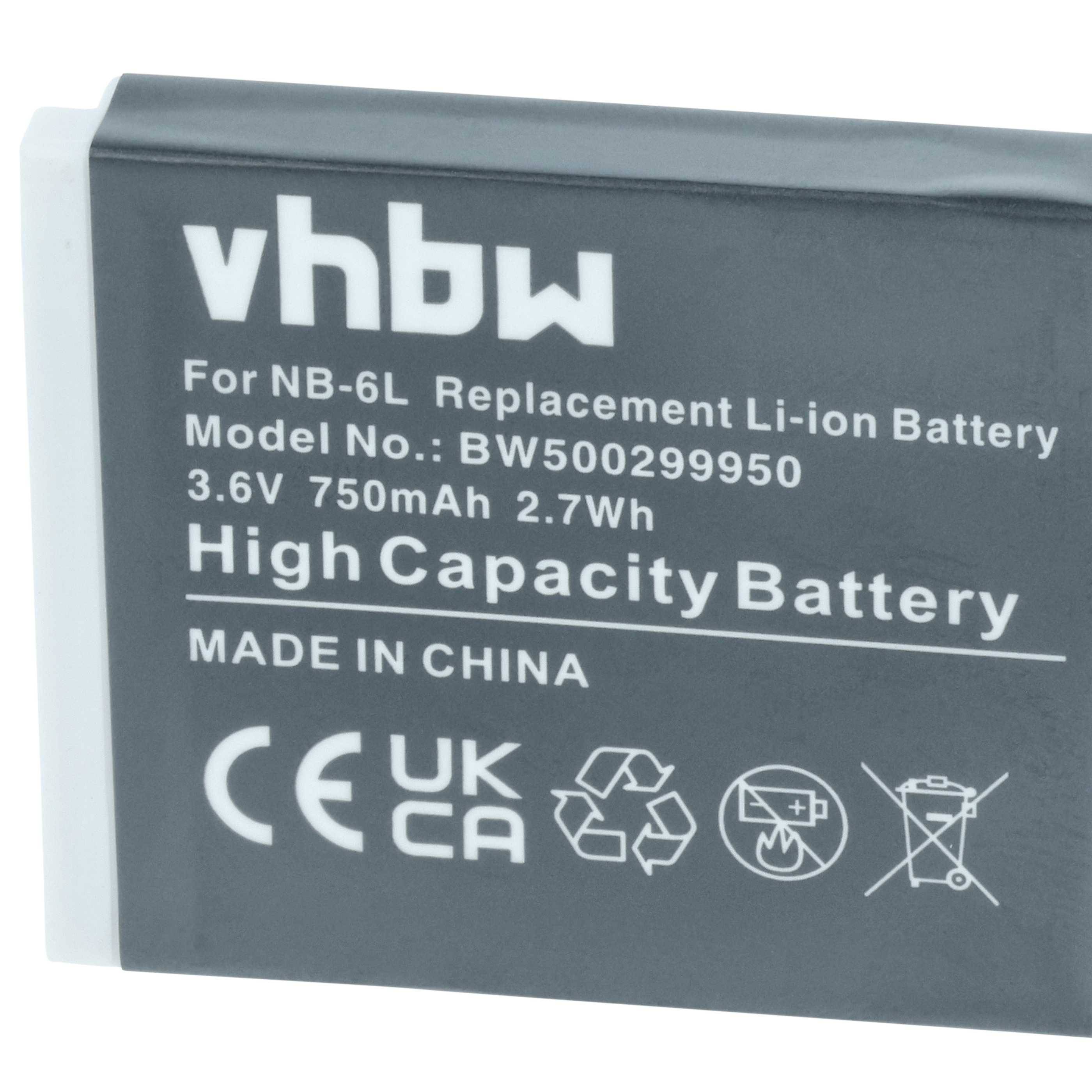 Akku mit Aufschrift: 'Hochkapazitäts-Akku' für NB-6L. 3,6V 750mAh 2,7Wh. Modell: BW500299950. Hergestellt in China. UKCA- und CE-gekennzeichnet.