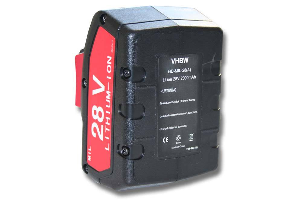 vhbw Akku kompatibel mit Milwaukee HD28 AG 125, HD28 CS, HD28 H, HD28 HX, HD28 IW Elektrowerkzeug (2000 mAh, Li-Ion, 28 V)