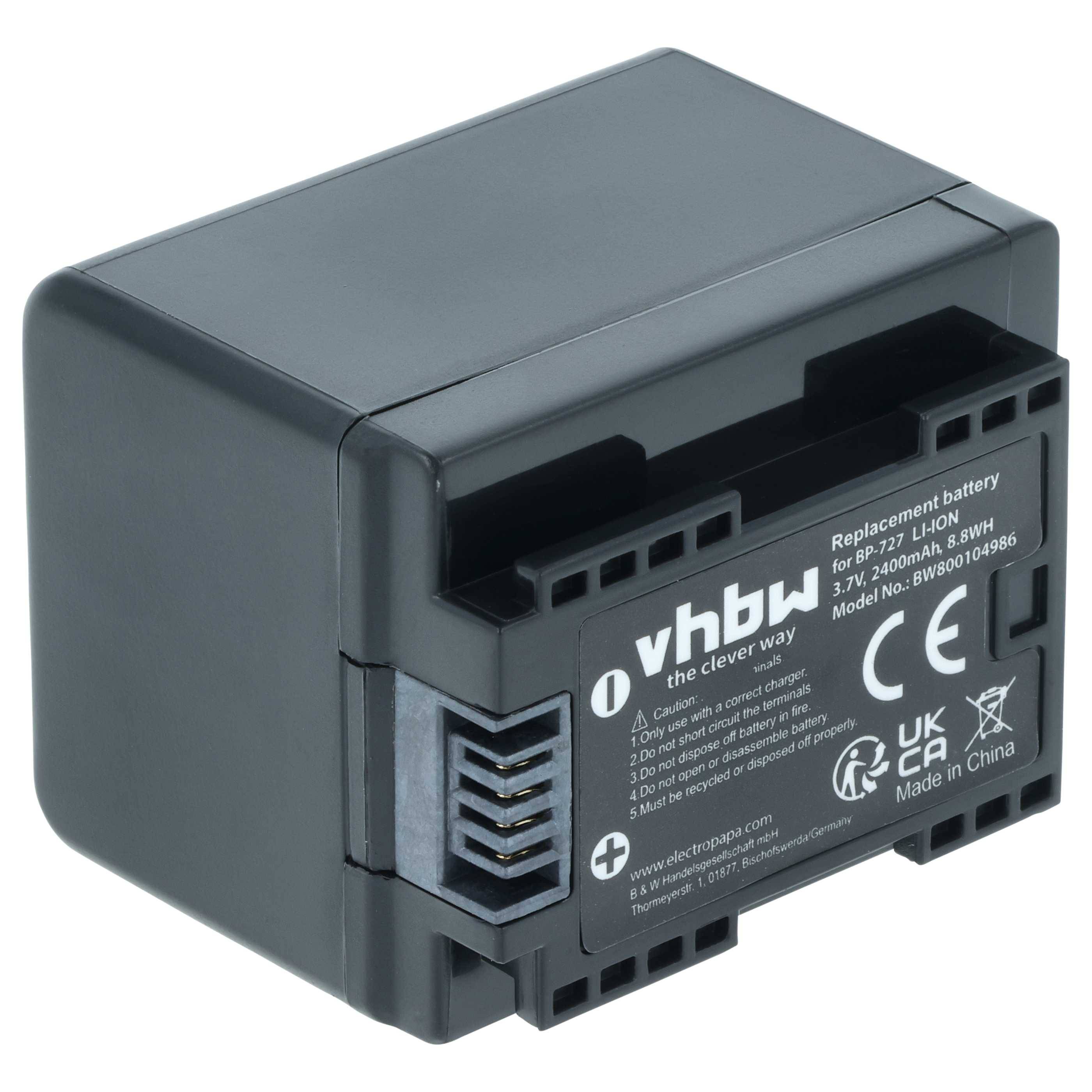 vhbw' Akku mit auf dem Akku gedruckten Kapazitäts- und Modelldetails. Geeignet als Ersatzakku für bestimmte elektronische Geräte, hergestellt in China.