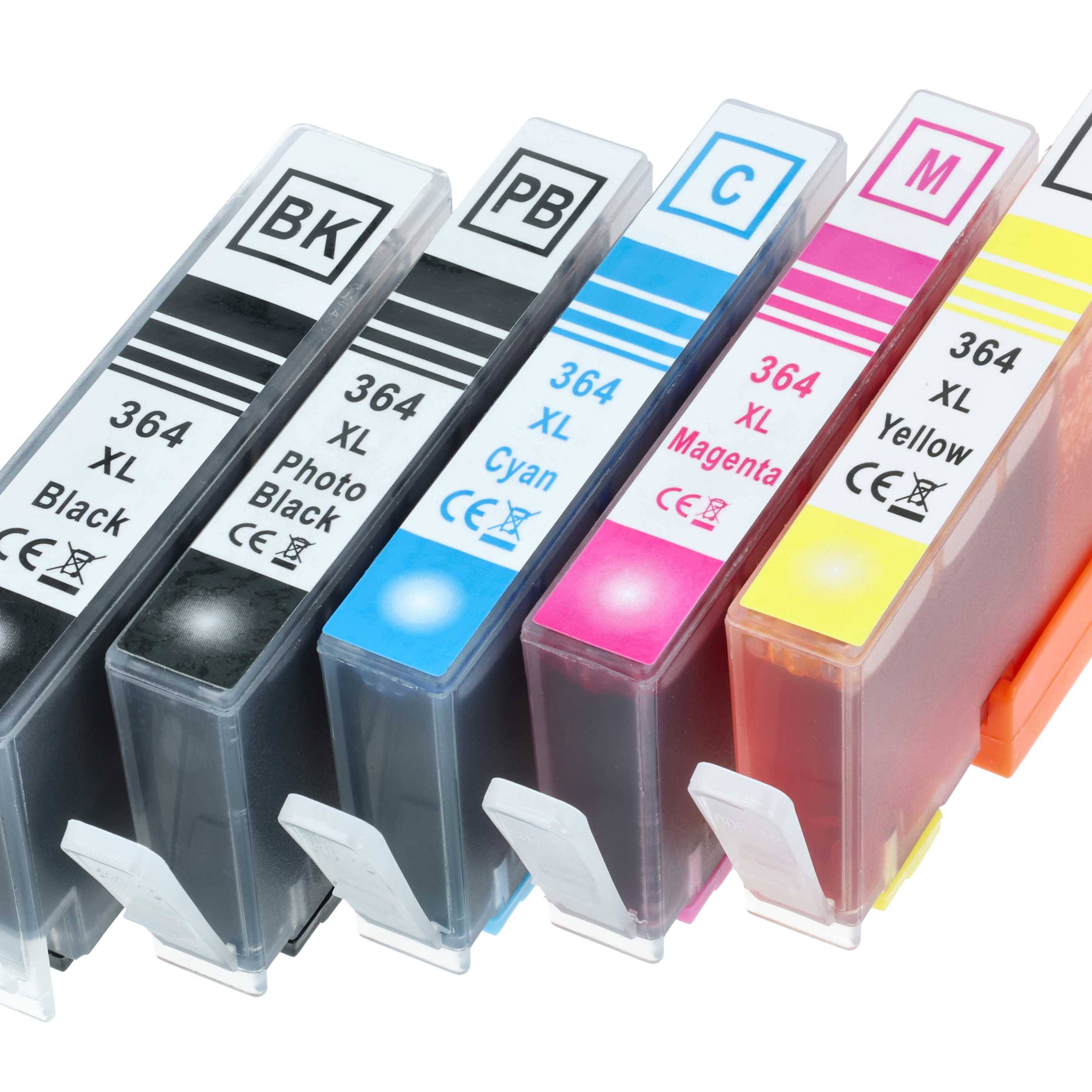 Fünf Druckerpatronen hintereinander, gekennzeichnet mit '364 XL': Schwarz, Fotoschwarz, Cyan, Magenta und Gelb, mit farbcodierten Oberteilen.