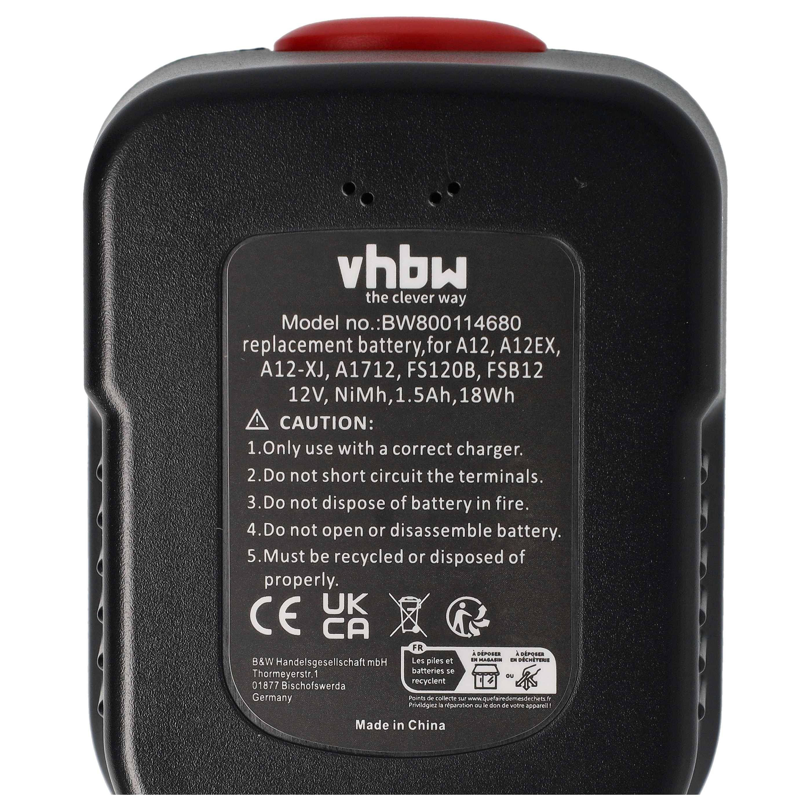 vhbw Akku kompatibel mit Black & Decker HPD12K-2, KC2000FK, PS122K, PS122KB, PS12HAK, SS12 Elektrowerkzeug (1500mAh NiMH 12 V)