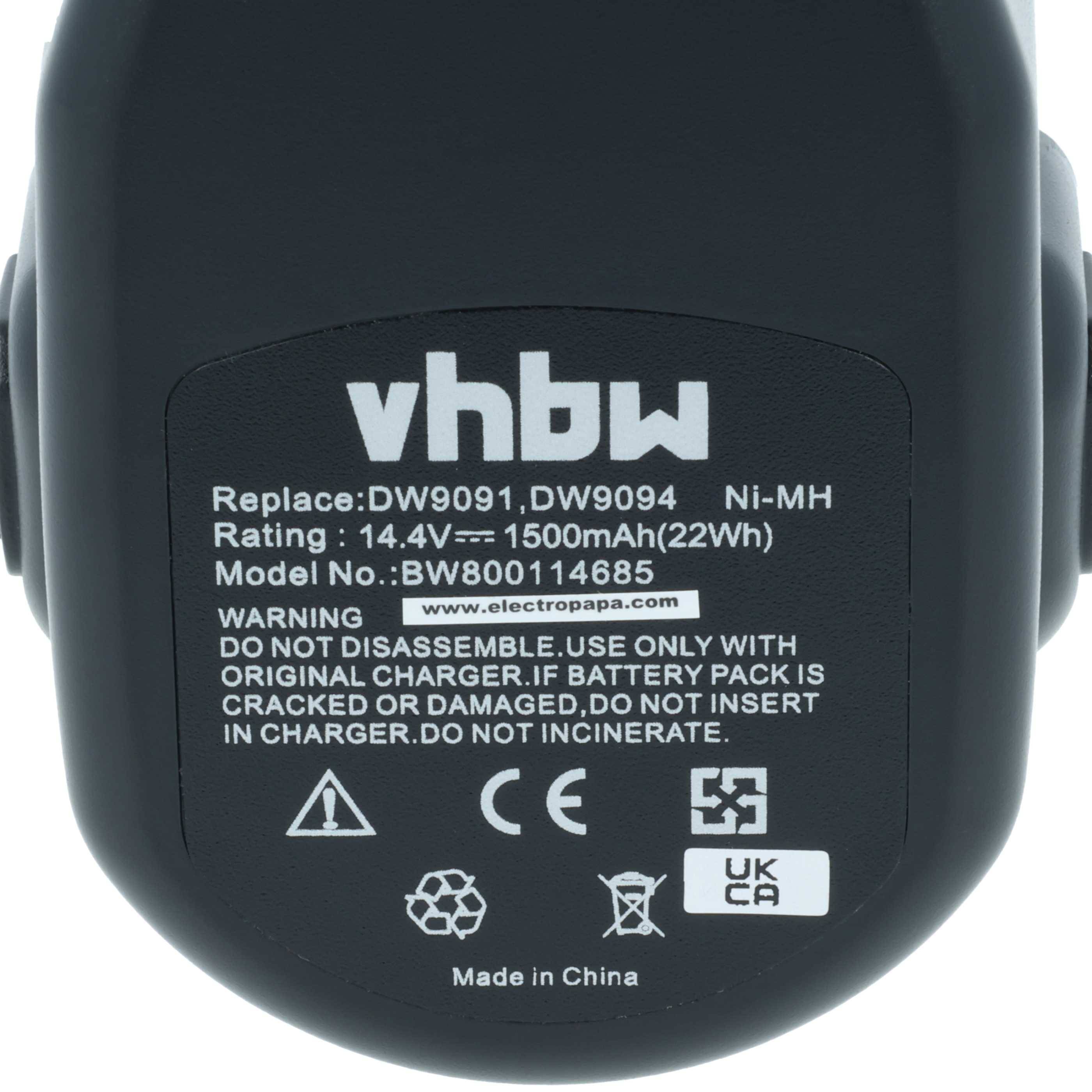 Die Abbildung zeigt eine Batterie mit dem Text: „vbhw. Austausch: DW9091, DW9094. Ni-MH. Nennwerte: 14,4V – 1500mAh(22Wh). Modellnummer: BW800114685. Hergestellt in China.