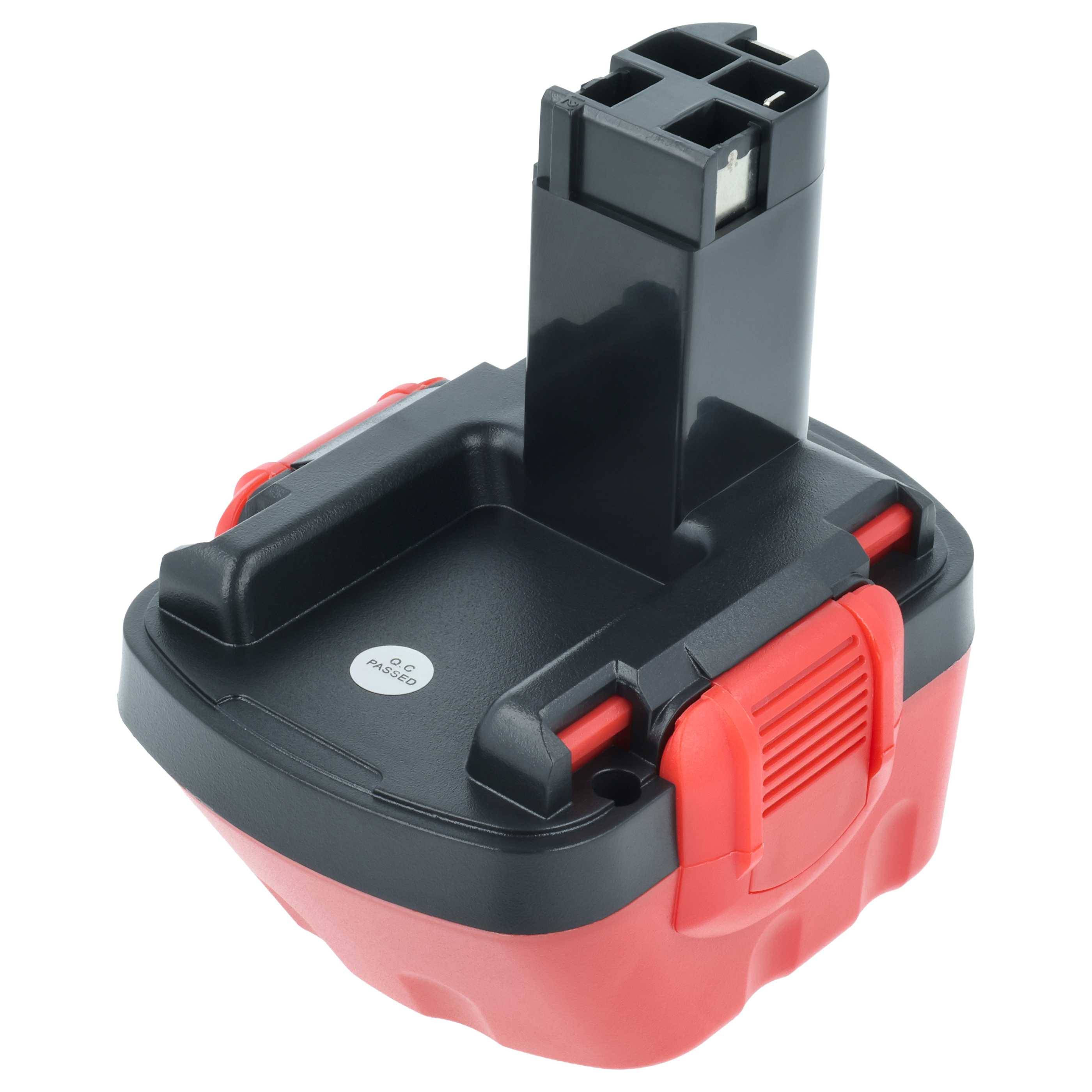 Eine schwarze und rote wiederaufladbare Akku-Batterie mit Anschlussports an der Oberfläche, die für den Einsatz in verschiedenen handgeführten Elektrowerkzeugen geeignet ist.