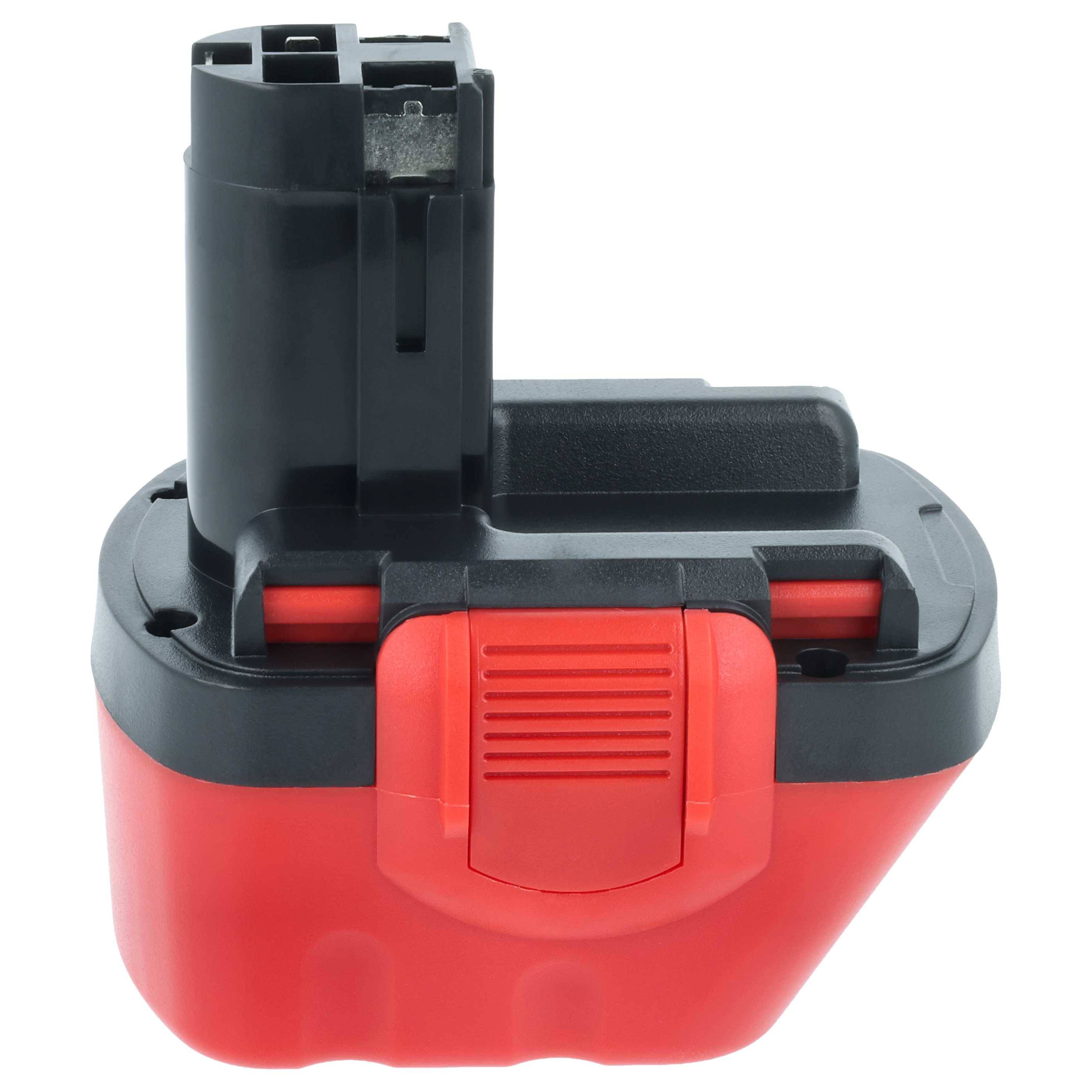 Eine rot und schwarz gehaltene, wiederaufladbare Batteriepacks für Elektrowerkzeuge, die Anschlüsse und einen Verriegelungsmechanismus zeigt.