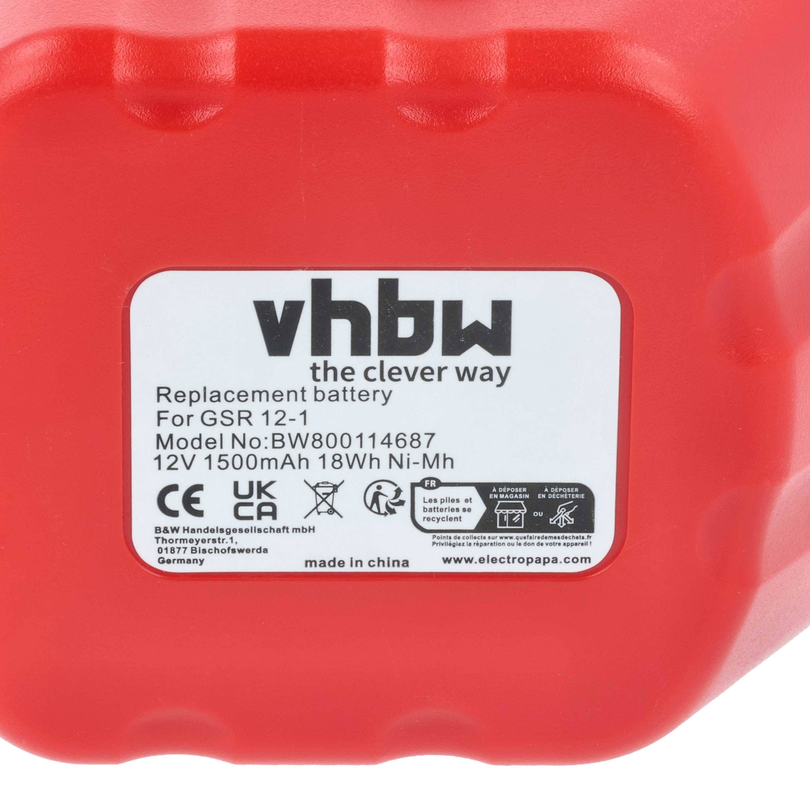 Rote Batterie mit Aufschrift 'vhbw die clevere Art Ersatzbatterie für GSR 12-1 Modell-Nr.: BW800114867 12V 1500mAh 18Wh Ni-Mh'.