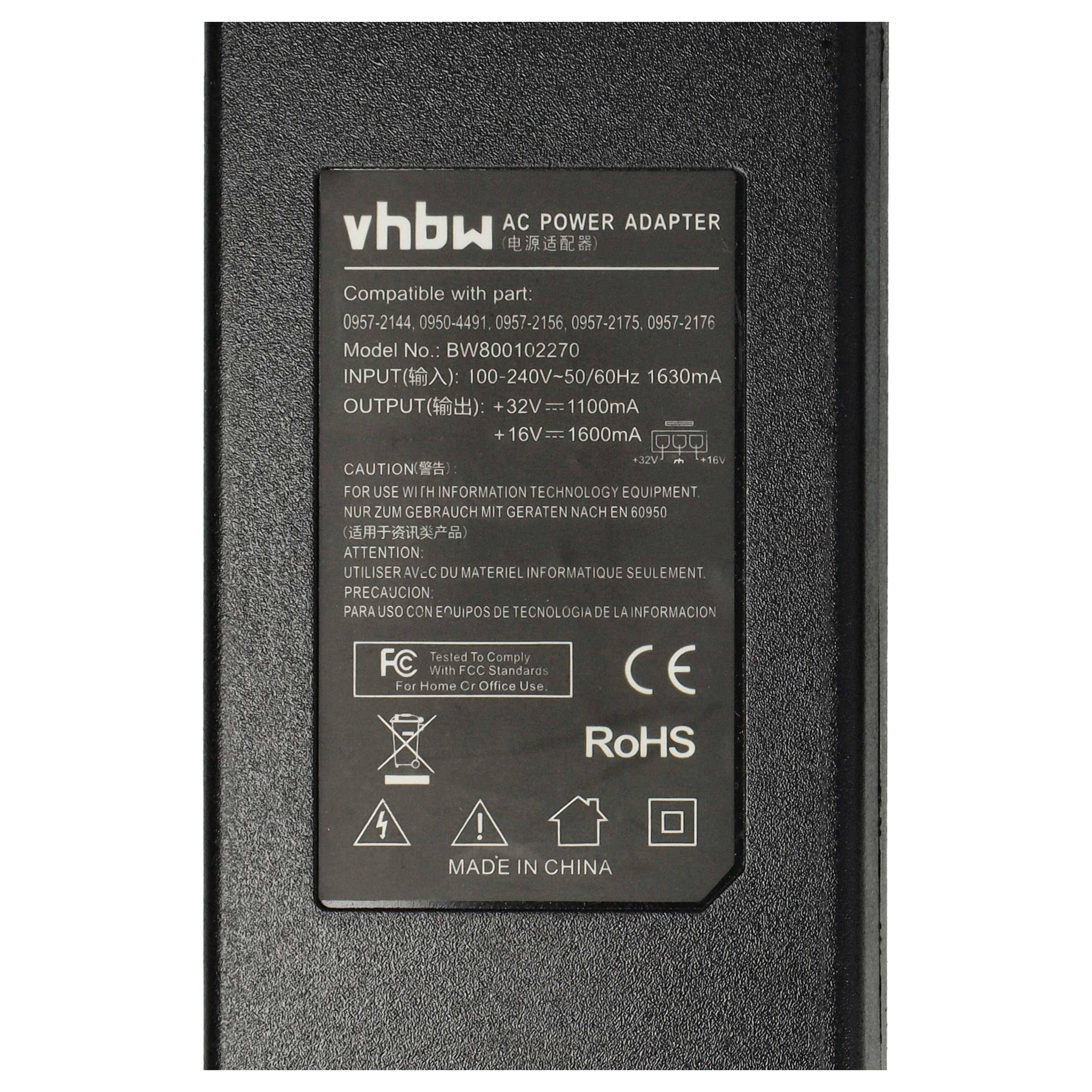 Etikett auf einem vhbw AC-Netzteil mit Liste kompatibler Teile, Modell WB800102270, Eingang 100-240V und Ausgänge +32V 1100mA und +16V 1600mA, hergestellt in China.