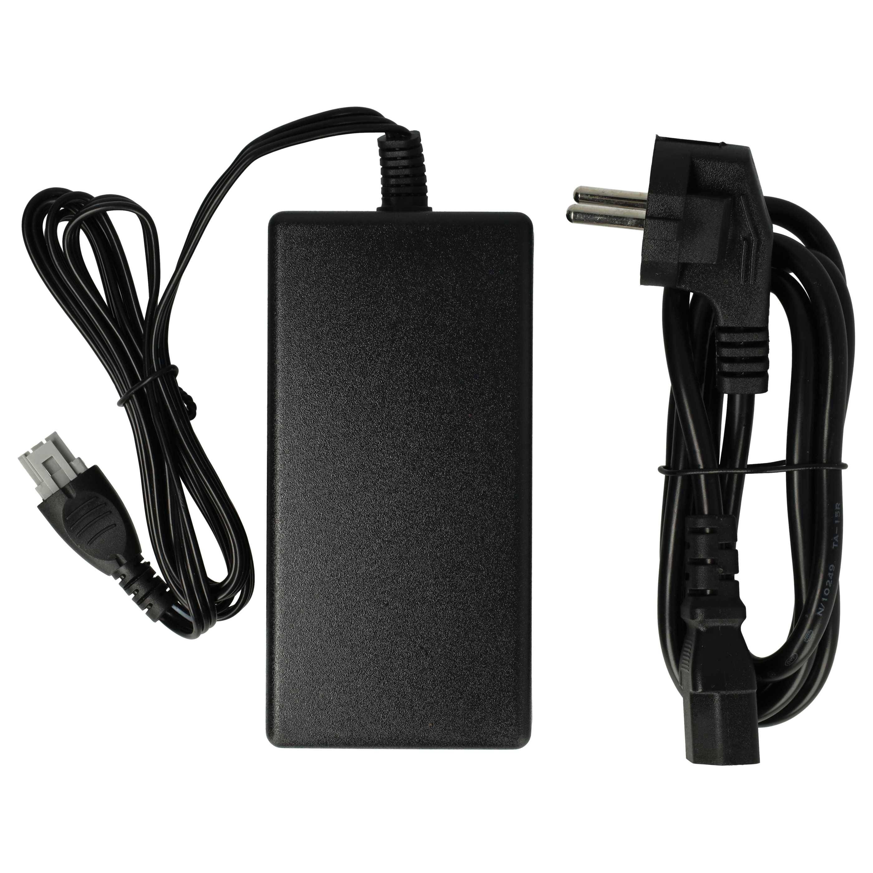 Schwarzer Stromadapter mit angebrachten Kabeln und Stecker auf weißem Hintergrund.