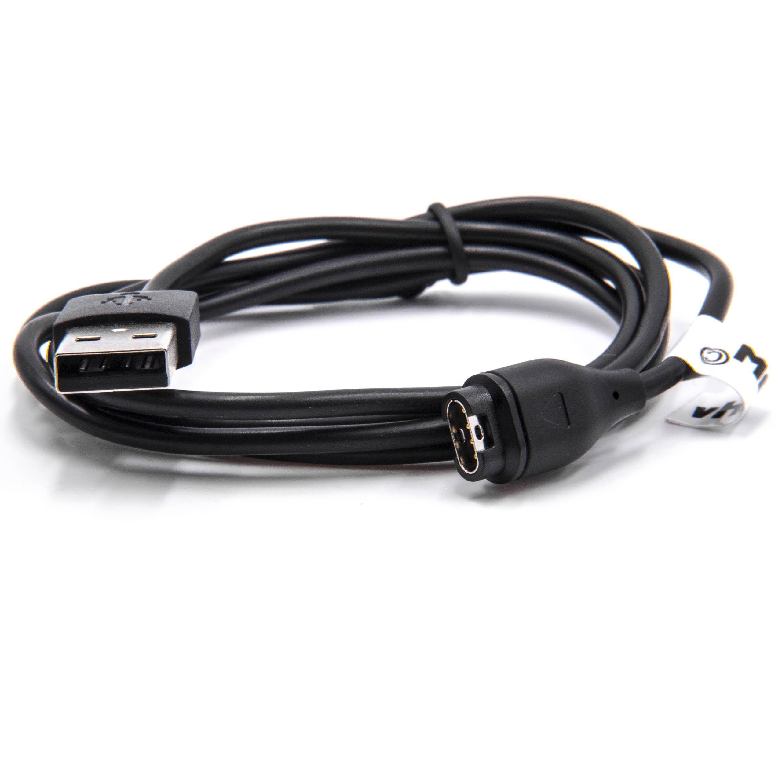 Aufgewickeltes schwarzes USB-Ladekabel mit einem Standard-USB-A-Stecker und einem kleineren Gerätestecker auf weißem Hintergrund.