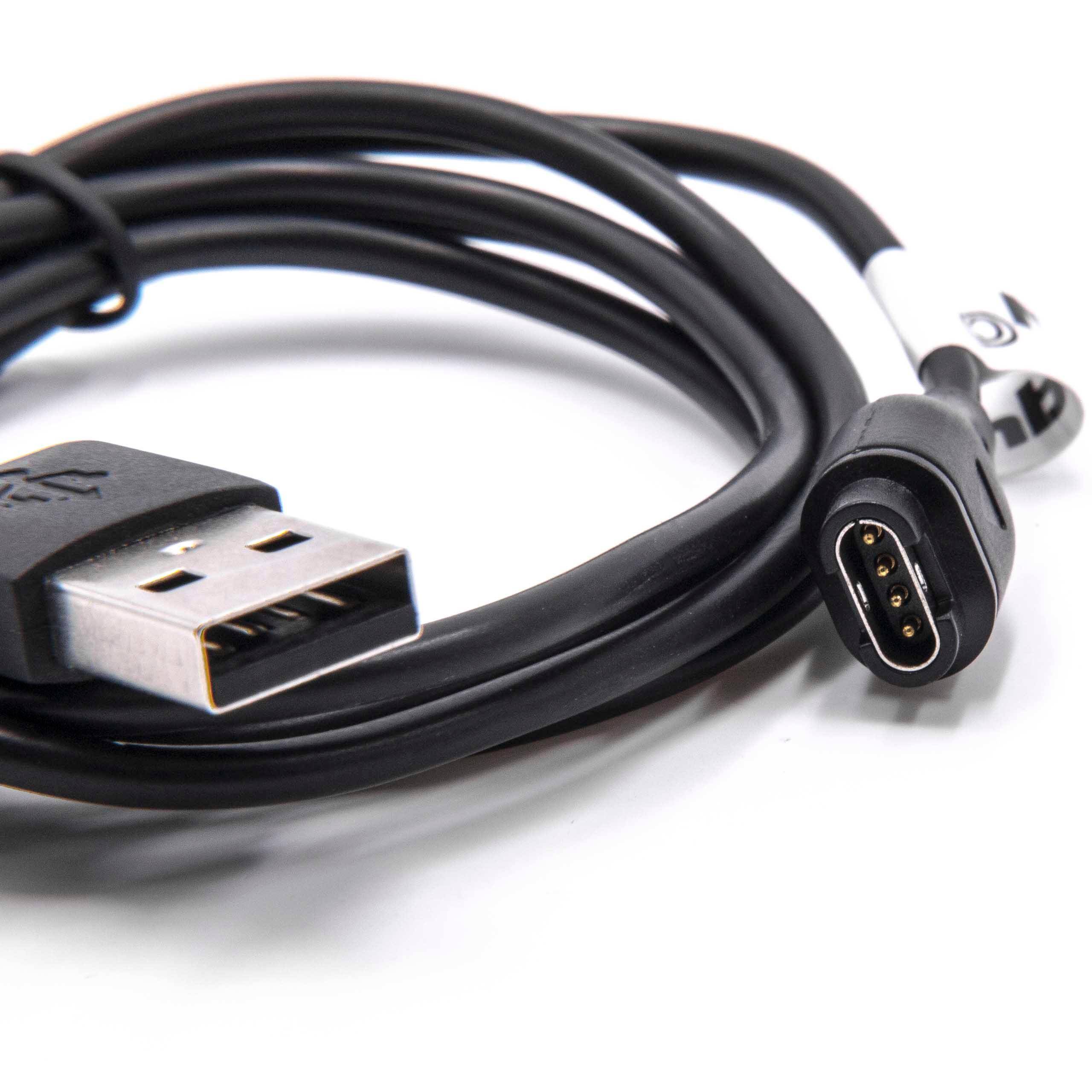 Nahaufnahme eines schwarzen USB-Kabels mit einem Standard-USB-A-Stecker an einem Ende und einem kleinen ovalen Anschluss am anderen Ende.
