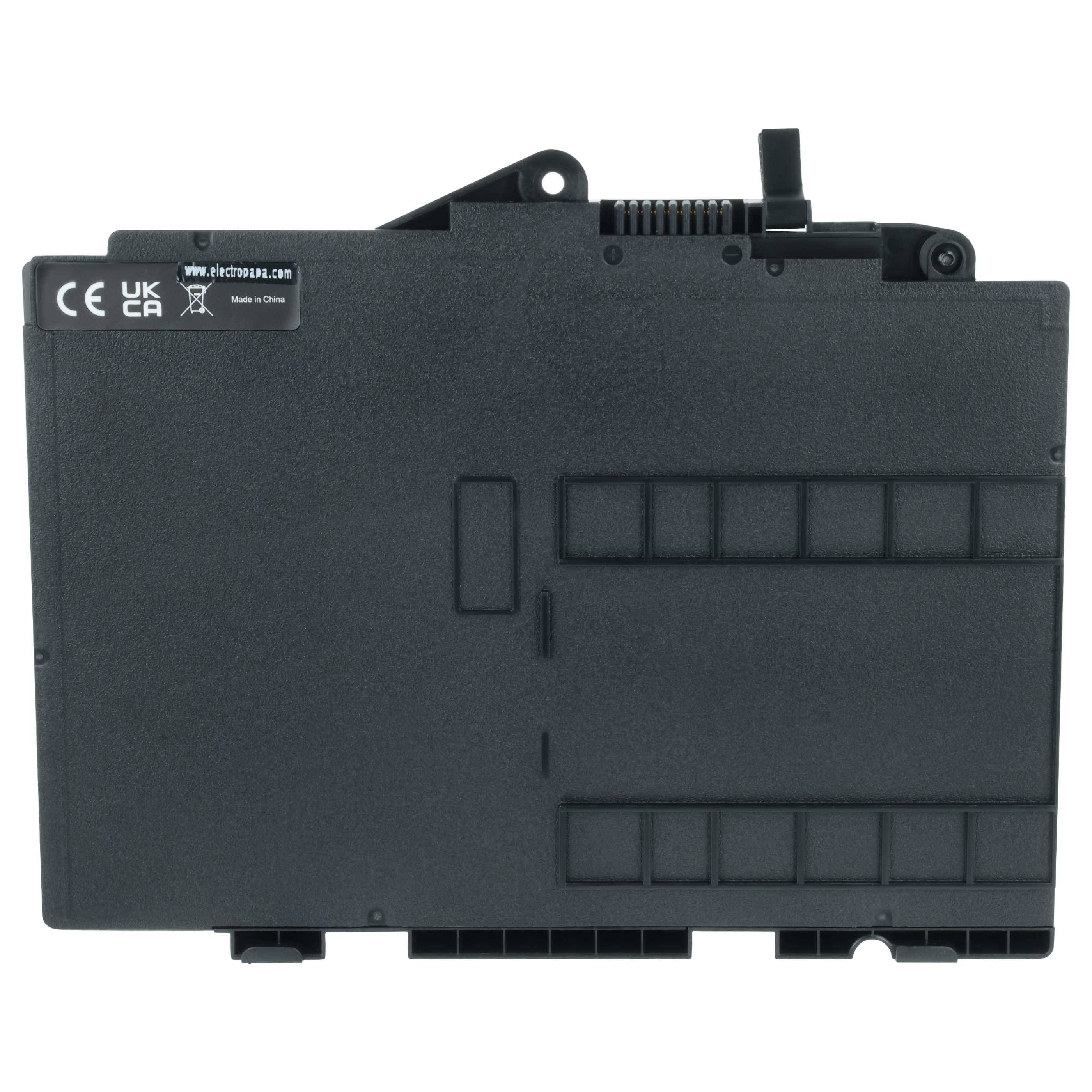 Ein schwarzes elektronisches Gerät mit der Aufschrift 'CE, UKCA', das ein Raster aus kleinen rechteckigen Rillen und einen Griff auf der linken Seite aufweist.