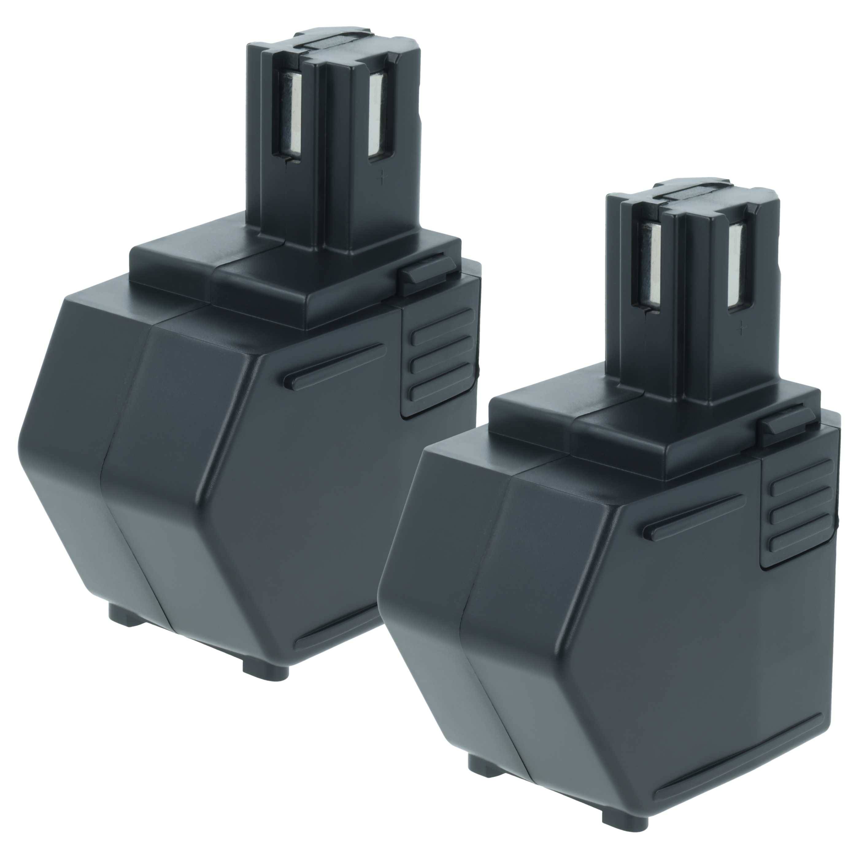 Zwei schwarze wiederaufladbare Batteriepackungen, die nebeneinander auf einem weißen Hintergrund positioniert sind.