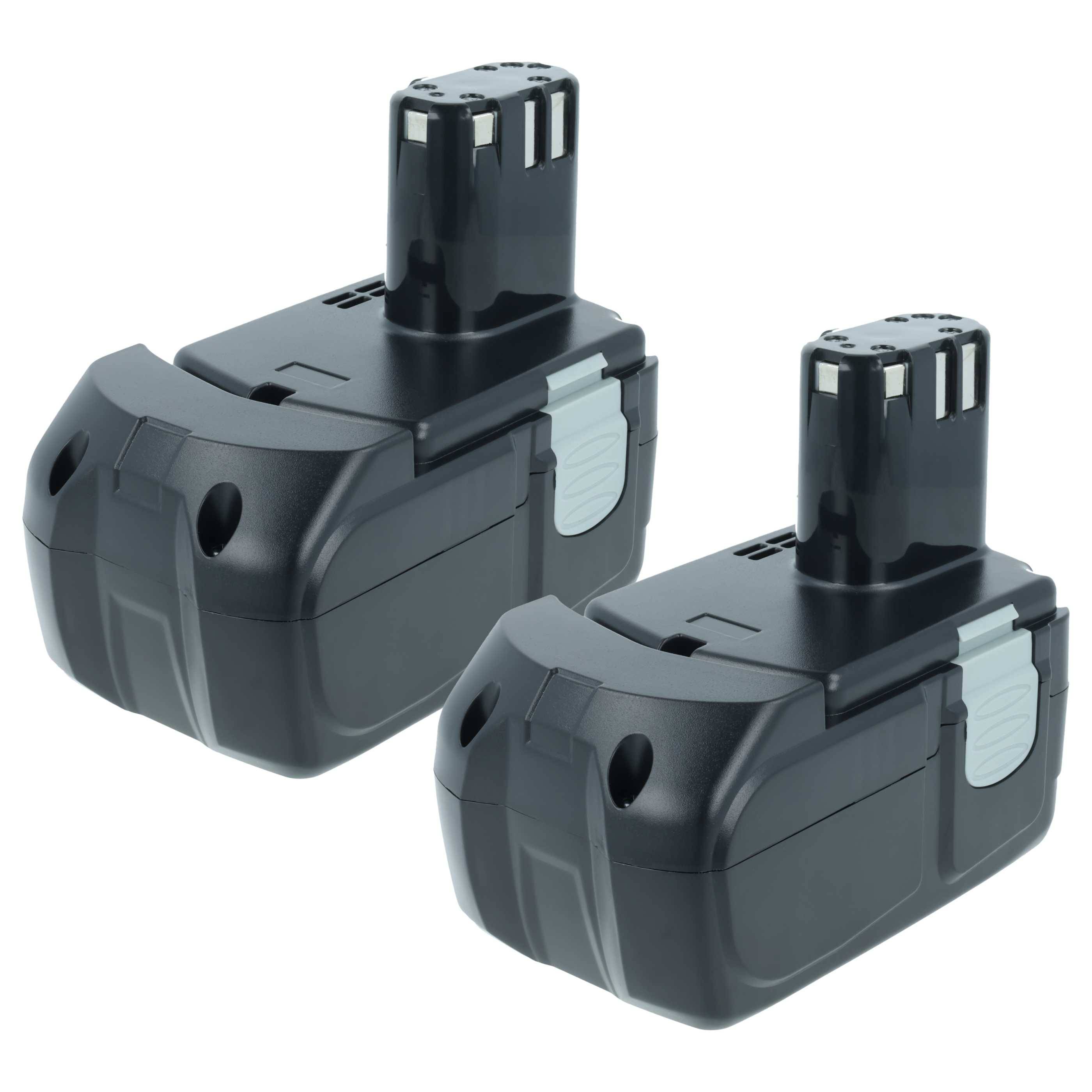 Zwei schwarze wiederaufladbare Batterien mit grauen Akzenten werden nebeneinander präsentiert und zeigen ihre Form und Designmerkmale, die für Elektrowerkzeuge geeignet sind.