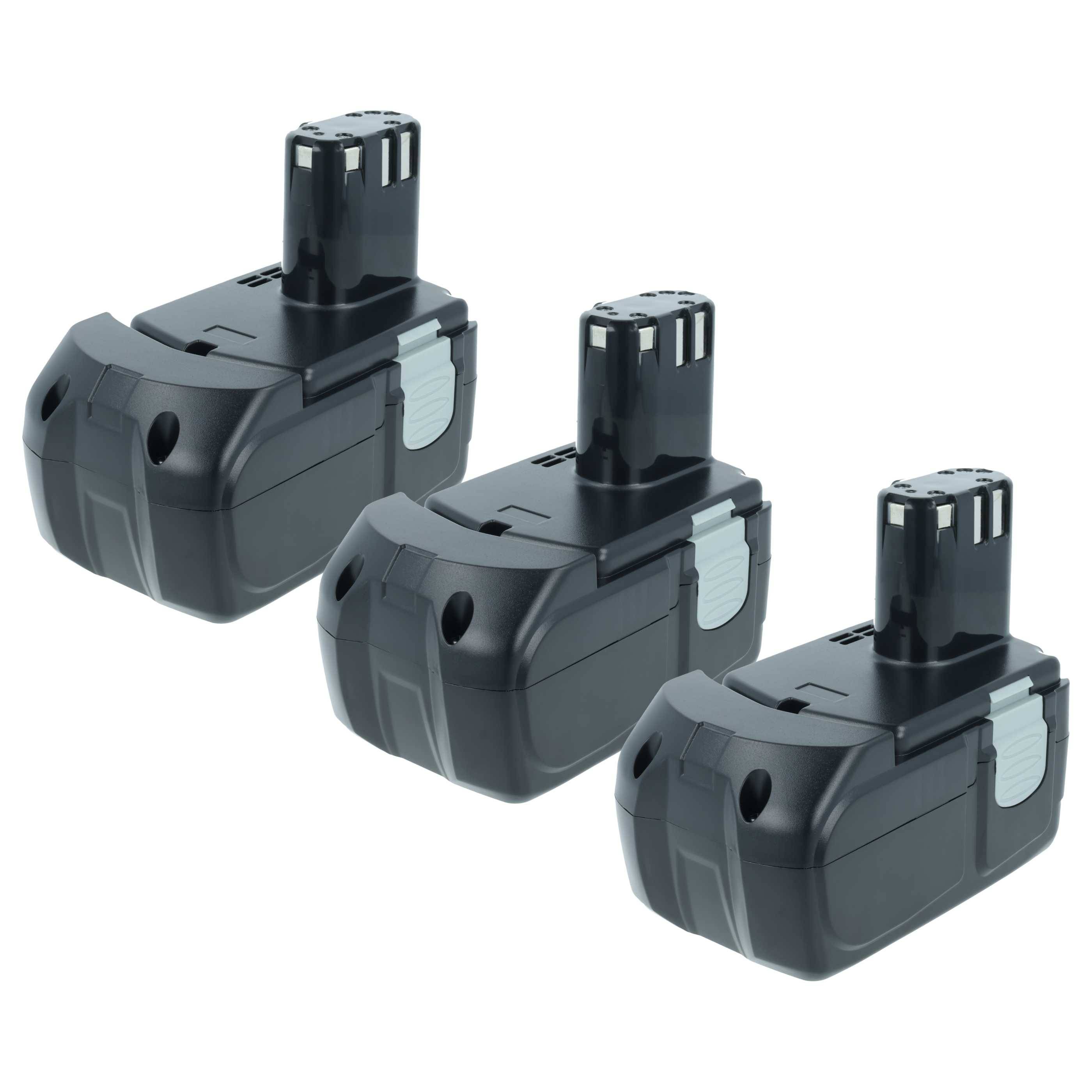 Drei schwarze wiederaufladbare Akkupacks, jeweils mit einer zweiprongigen Verbindung an der Oberseite, in einer Reihe auf einem weißen Hintergrund angeordnet.